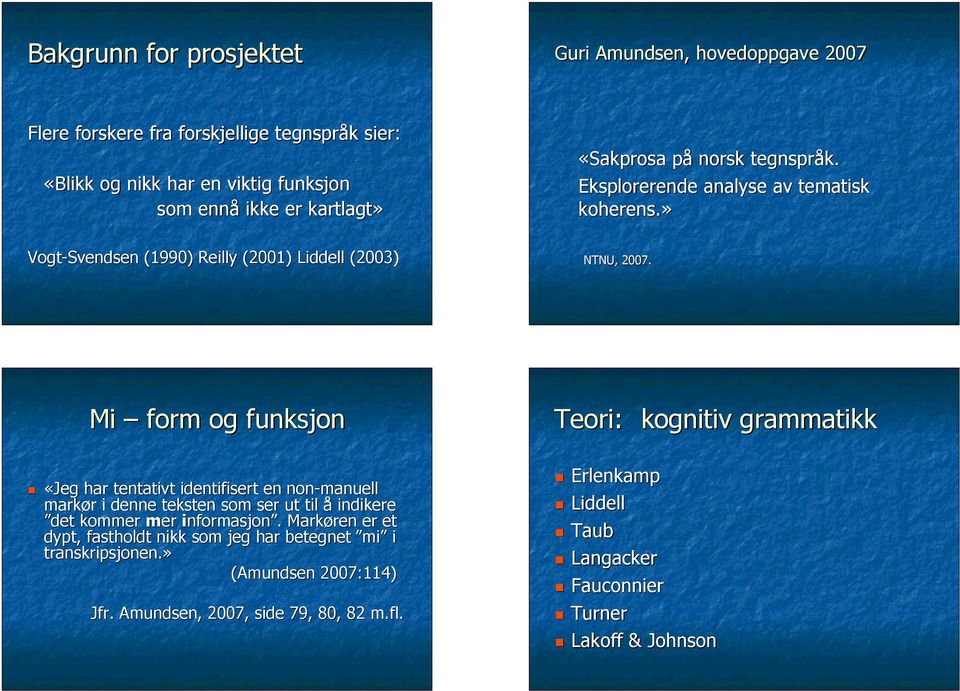 » «Blikk og nikk har en viktig funksjon som ennå ikke er kartlagt» Vogt-Svendsen (1990) Reilly (2001) Liddell (2003) Mi form og funksjon «Jeg har tentativt identifisert en