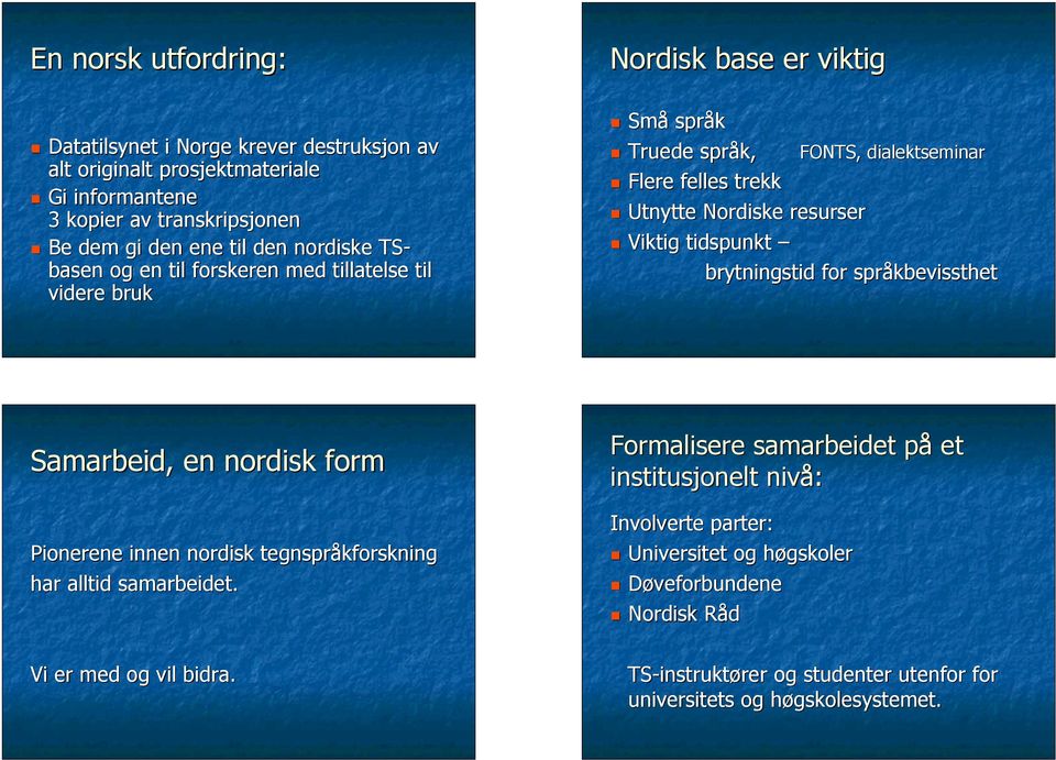 tidspunkt brytningstid for språkbevissthet Samarbeid, en nordisk form Formalisere samarbeidet på et institusjonelt nivå: Pionerene innen nordisk tegnspråkforskning har alltid