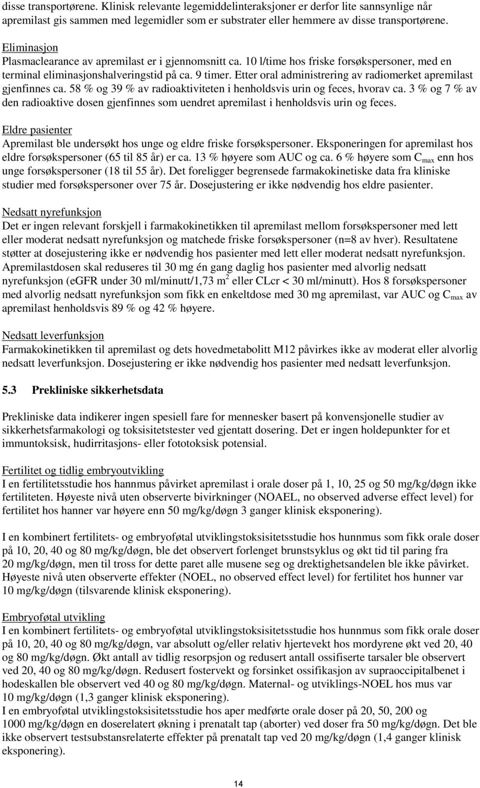 Etter oral administrering av radiomerket apremilast gjenfinnes ca. 58 % og 39 % av radioaktiviteten i henholdsvis urin og feces, hvorav ca.