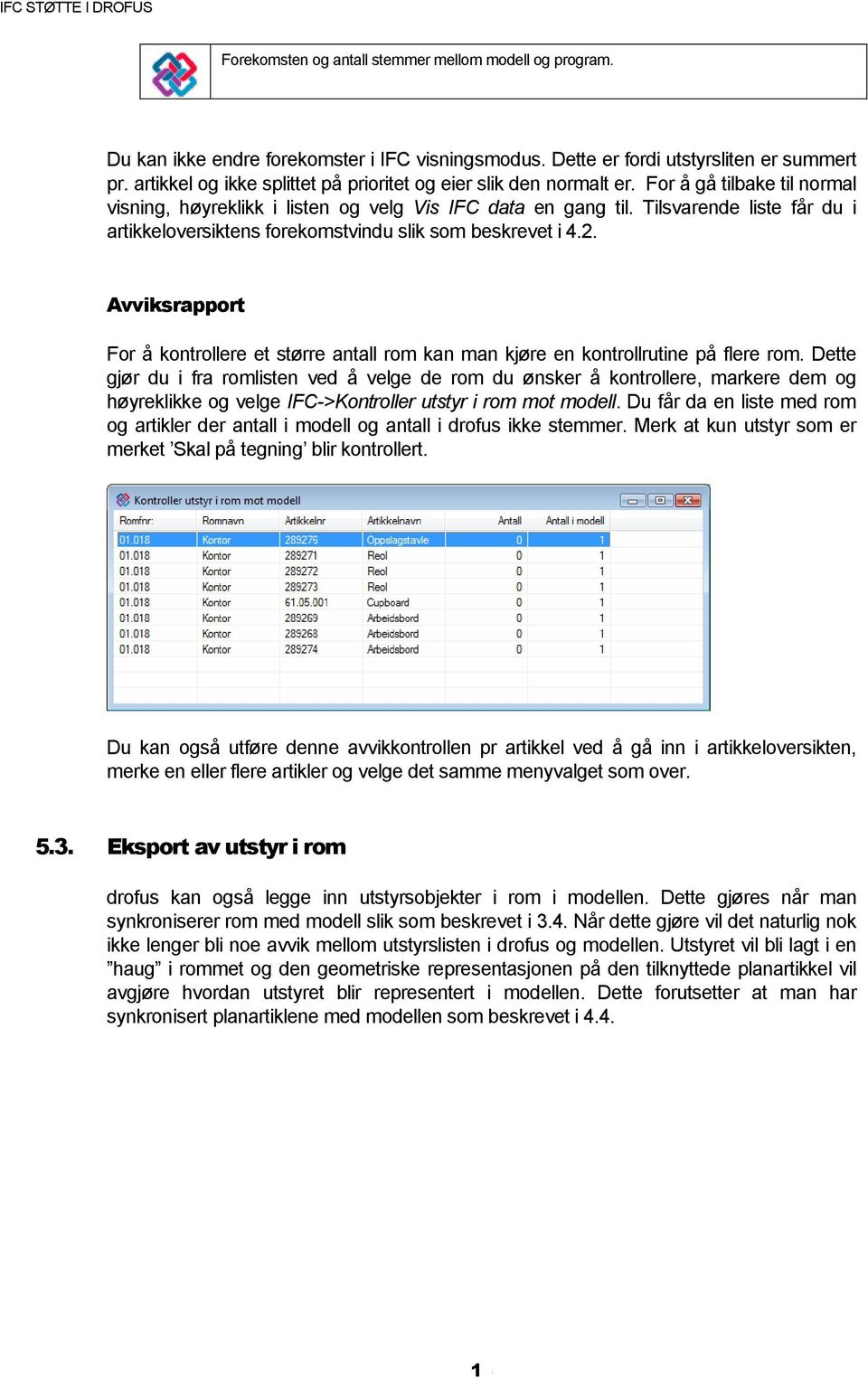 Tilsvarende liste får du i artikkeloversiktens forekomstvindu slik som beskrevet i 4.2. Avviksrapport For å kontrollere et større antall rom kan man kjøre en kontrollrutine på flere rom.