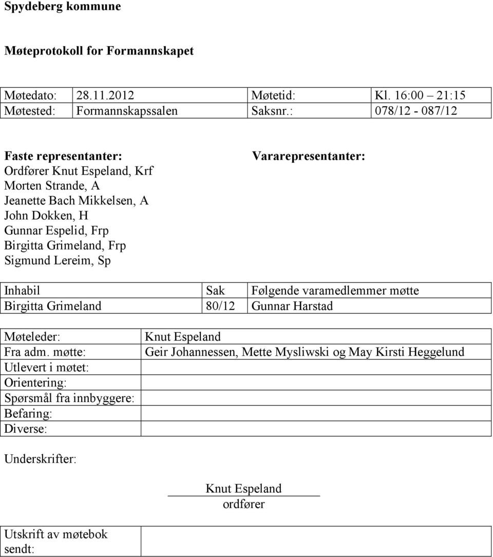 Grimeland, Frp Sigmund Lereim, Sp Vararepresentanter: Inhabil Sak Følgende varamedlemmer møtte Birgitta Grimeland 80/12 Gunnar Harstad Møteleder: Fra adm.