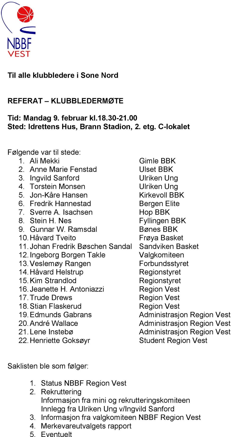 Nes Fyllingen BBK 9. Gunnar W. Ramsdal Bønes BBK 10. Håvard Tveito Frøya Basket 11. Johan Fredrik Bøschen Sandal Sandviken Basket 12. Ingeborg Borgen Takle Valgkomiteen 13.