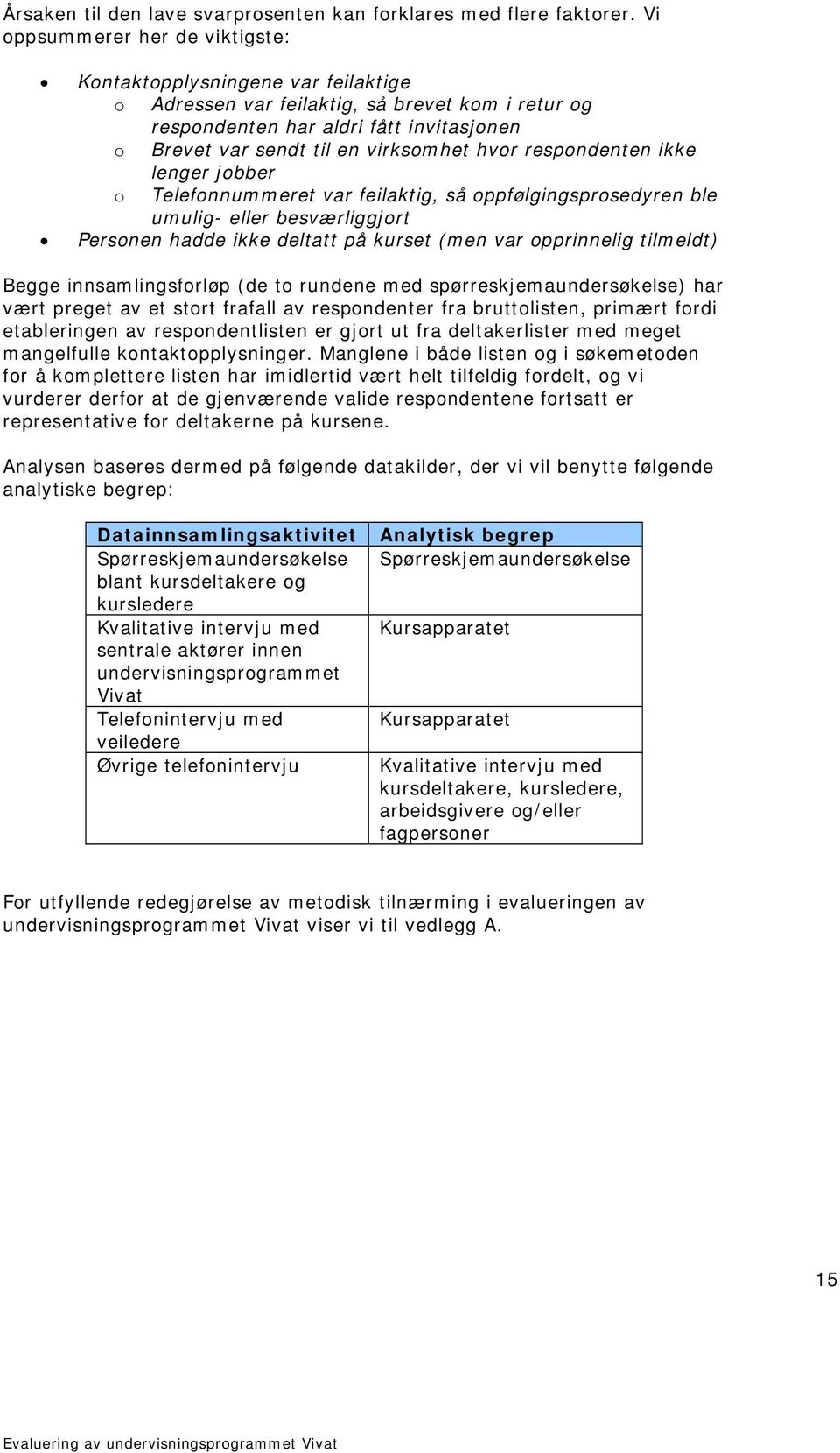 hvor respondenten ikke lenger jobber o Telefonnummeret var feilaktig, så oppfølgingsprosedyren ble umulig- eller besværliggjort Personen hadde ikke deltatt på kurset (men var opprinnelig tilmeldt)