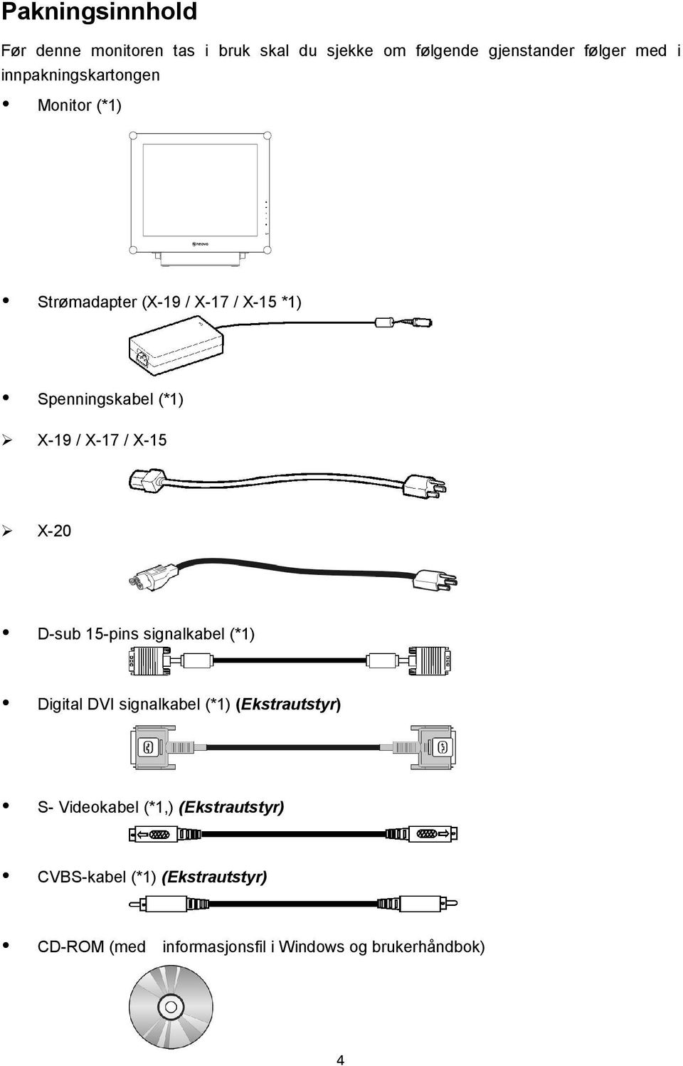 / X-15 X-20 D-sub 15-pins signalkabel (*1) Digital DVI signalkabel (*1) (Ekstrautstyr) S- Videokabel