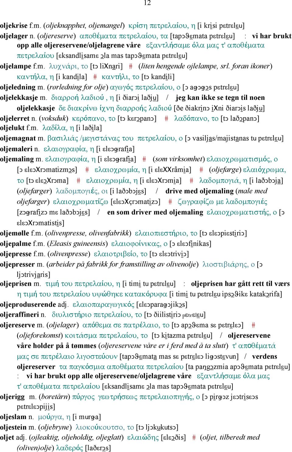 pεtrεlεu] oljelampe f.m. λυχνάρι, το [tǥ liχnari] # (liten hengende ojlelampe, srl. foran ikoner) καντήλα, η [i kandila] # καντήλι, το [tǥ kandili] oljeledning m.