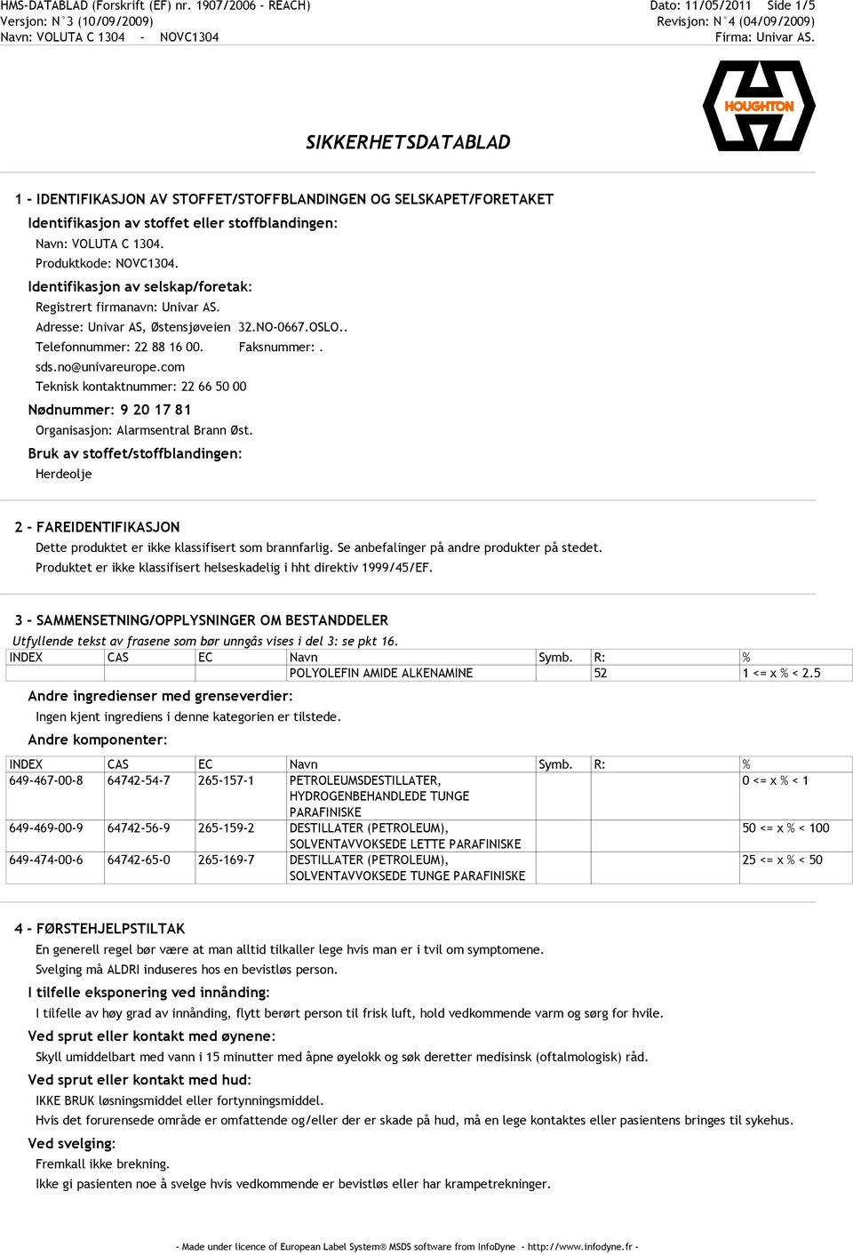 1304. Produktkode: NOVC1304. Identifikasjon av selskap/foretak: Registrert firmanavn: Univar AS. Adresse: Univar AS, Østensjøveien 32.NO-0667.OSLO.. Telefonnummer: 22 88 16 00. Faksnummer:. sds.