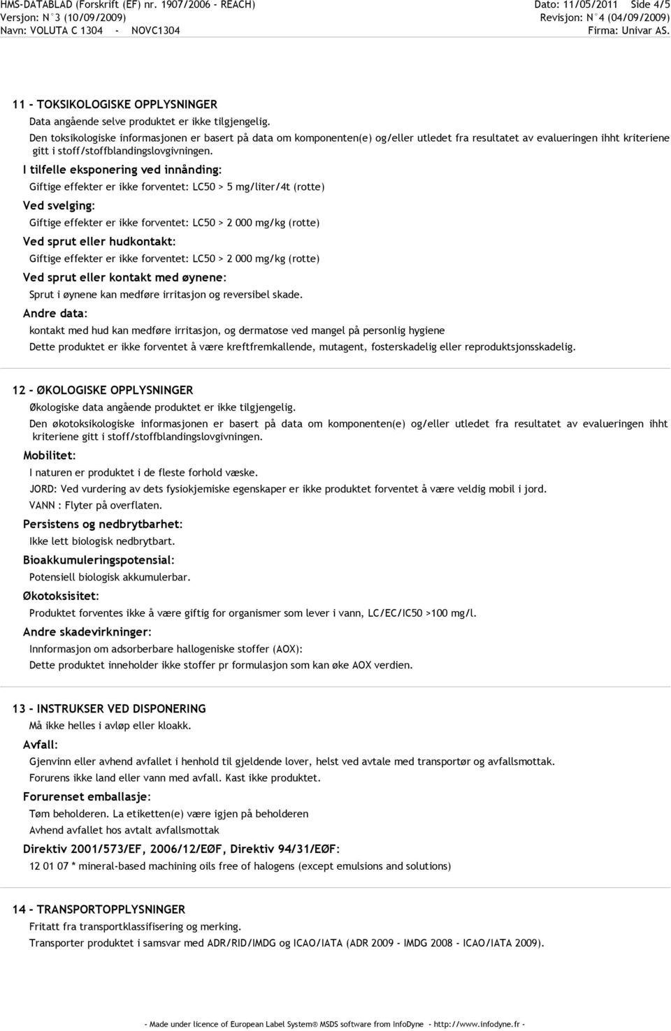 I tilfelle eksponering ved innånding: Giftige effekter er ikke forventet: LC50 > 5 mg/liter/4t (rotte) Ved svelging: Giftige effekter er ikke forventet: LC50 > 2 000 mg/kg (rotte) Ved sprut eller