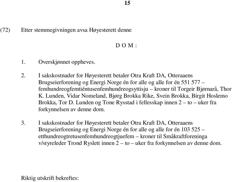 Torgeir Bjørnarå, Thor K. Lunden, Vidar Nomeland, Bjørg Brokka Rike, Svein Brokka, Birgit Hoslemo Brokka, Tor D. Lunden og Tone Rysstad i fellesskap innen 2 to uker fra forkynnelsen av denne dom.