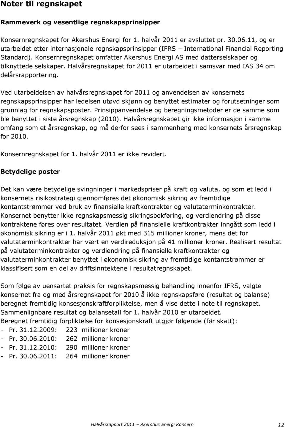 Konsernregnskapet omfatter Akershus Energi AS med datterselskaper og tilknyttede selskaper. Halvårsregnskapet for 2011 er utarbeidet i samsvar med IAS 34 om delårsrapportering.