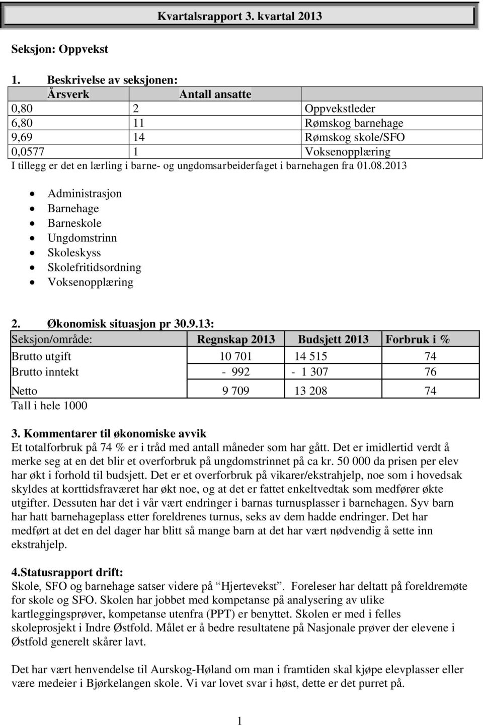 ungdomsarbeiderfaget i barnehagen fra 01.08.2013 Administrasjon Barnehage Barneskole Ungdomstrinn Skoleskyss Skolefritidsordning Voksenopplæring 2. Økonomisk situasjon pr 30.9.