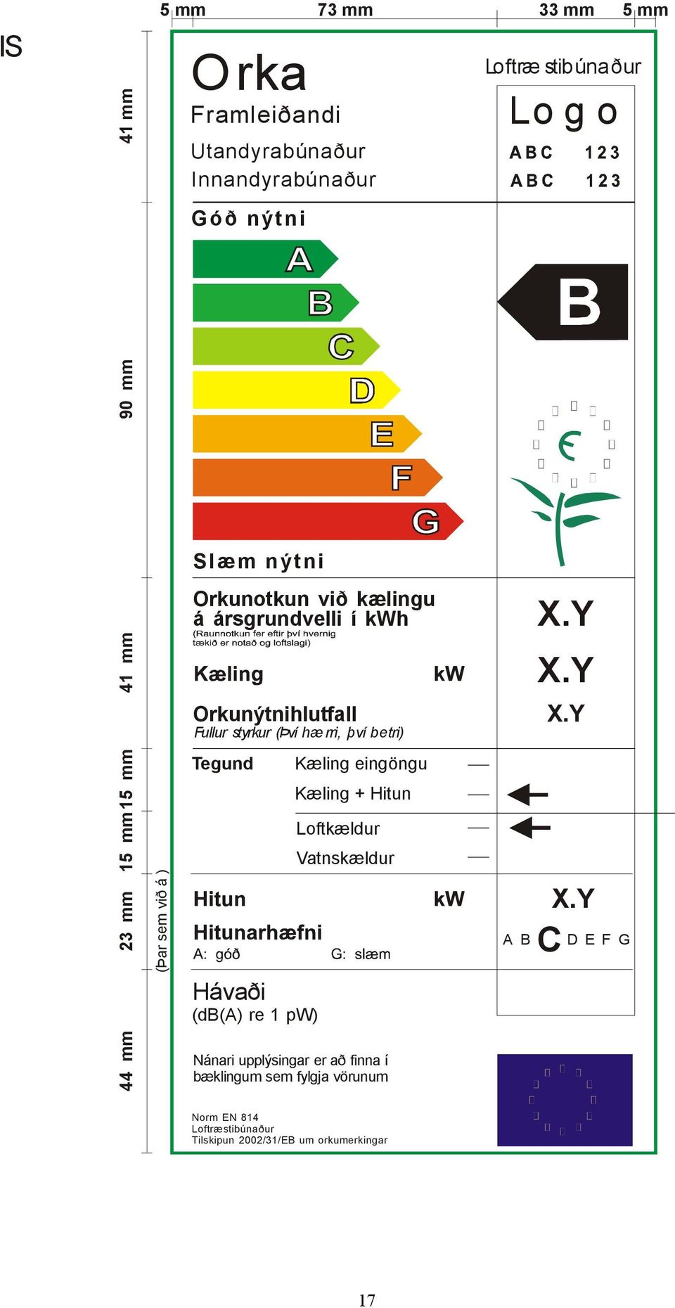 mm Tegund Kæling eingöngu Kæling + Hitun Loftkældur Vatnskældur 23 mm (Þar sem við á ) Hávaði A B C D E F G 44 mm Nánari