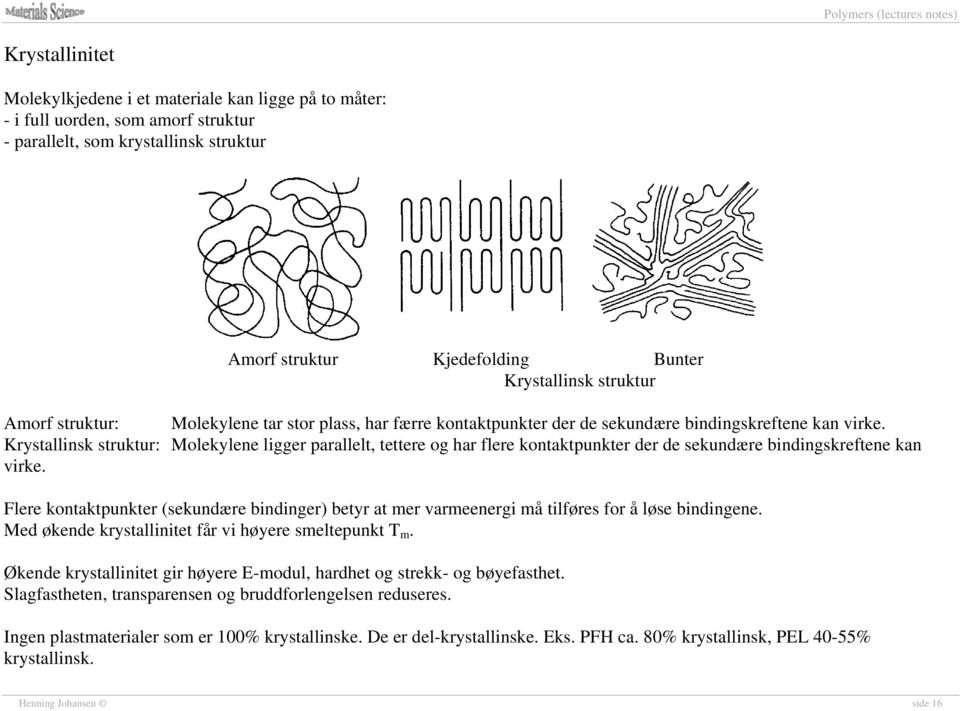 Krystallinsk struktur: Molekylene ligger parallelt, tettere og har flere kontaktpunkter der de sekundære bindingskreftene kan virke.