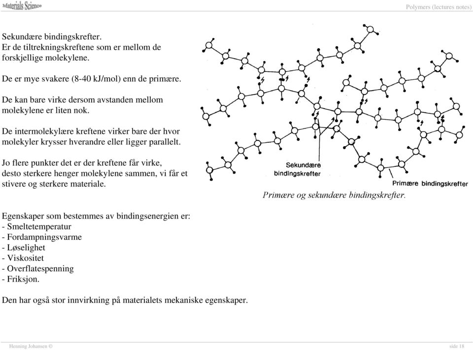 Jo flere punkter det er der kreftene får virke, desto sterkere henger molekylene sammen, vi får et stivere og sterkere materiale. Primære og sekundære bindingskrefter.