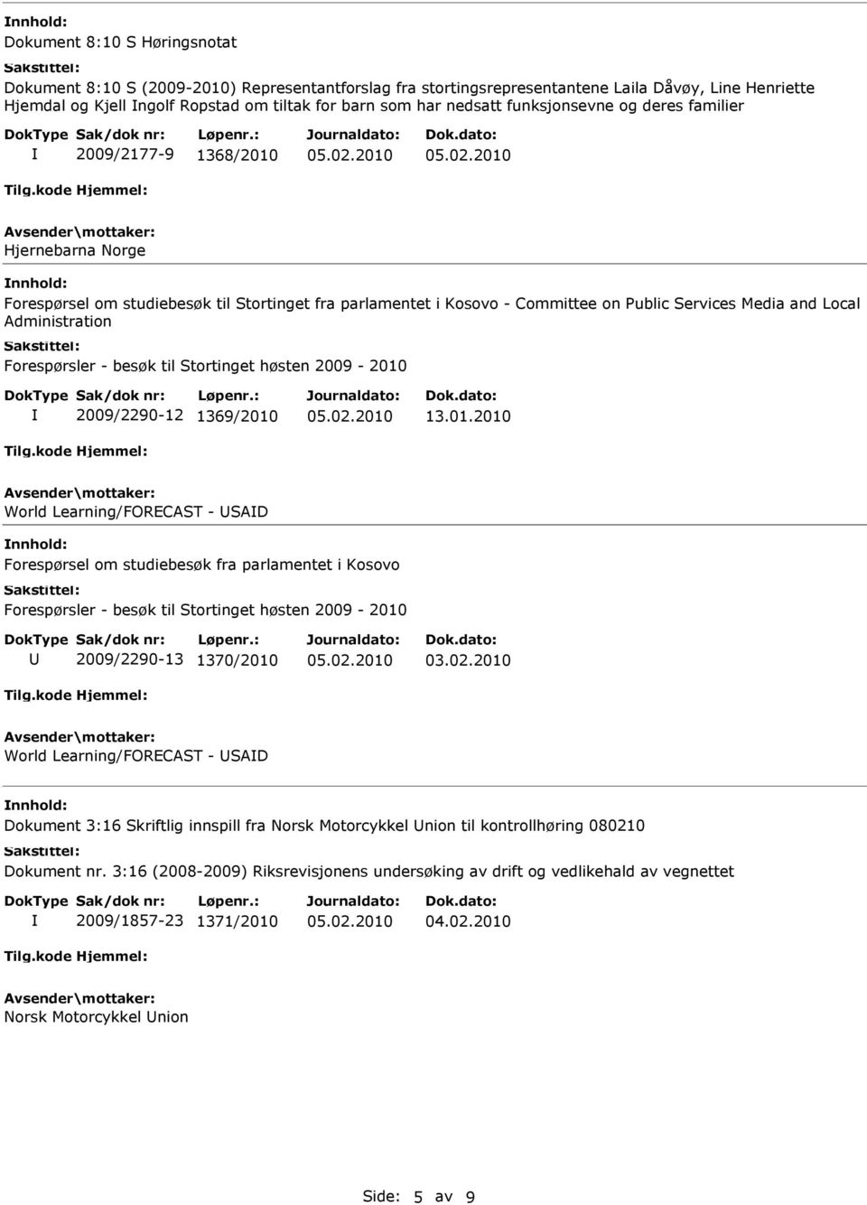 Administration Forespørsler - besøk til Stortinget høsten 2009-2010