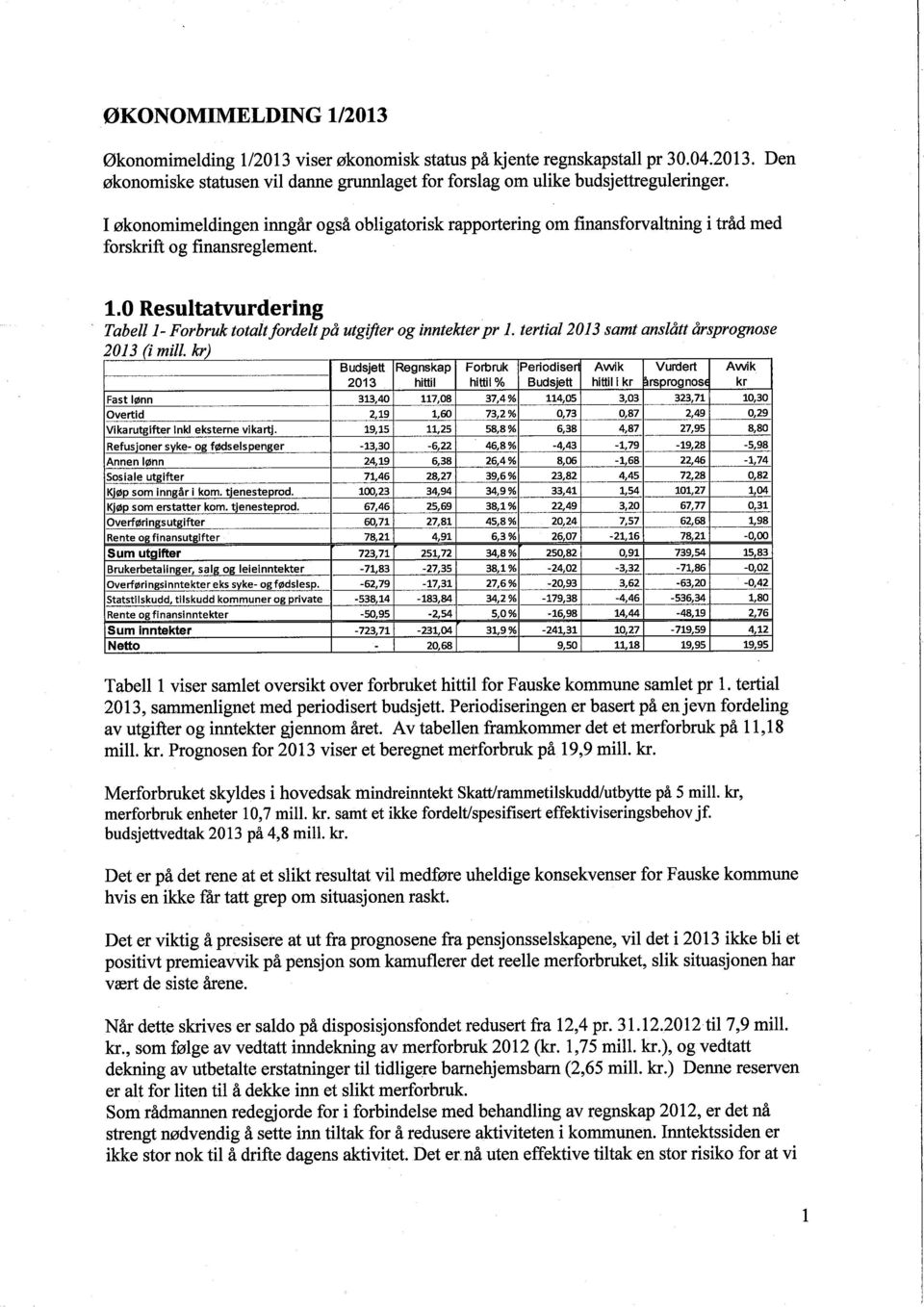 0 Resultatvurdering Tabell 1- Forbruk totalt/ordelt på utgifer og inntekter pr 1. tertial 2013 samt anslått årsprognose 2013 (i mil.