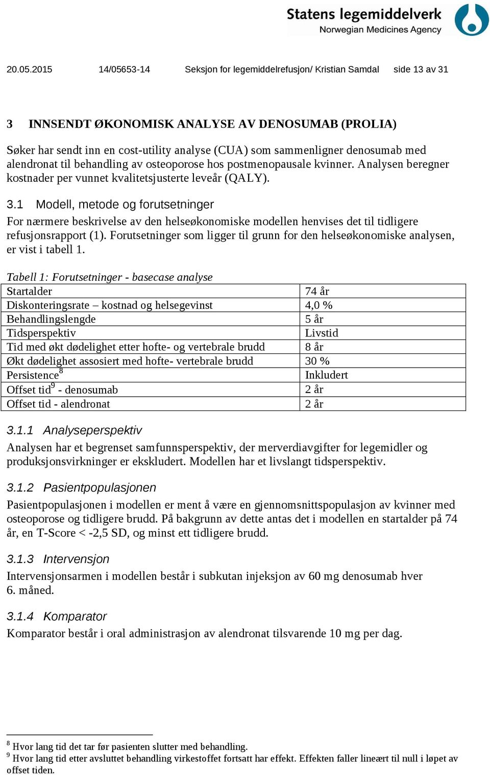 denosumab med alendronat til behandling av osteoporose hos postmenopausale kvinner. Analysen beregner kostnader per vunnet kvalitetsjusterte leveår (QALY). 3.