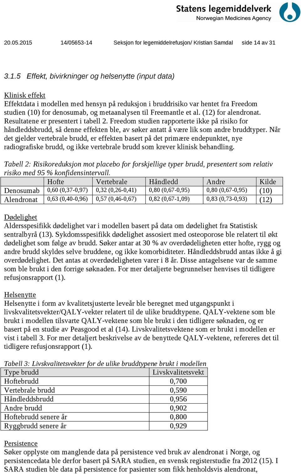 bruddrisiko var hentet fra Freedom studien (10) for denosumab, og metaanalysen til Freemantle et al. (12) for alendronat. Resultatene er presentert i tabell 2.