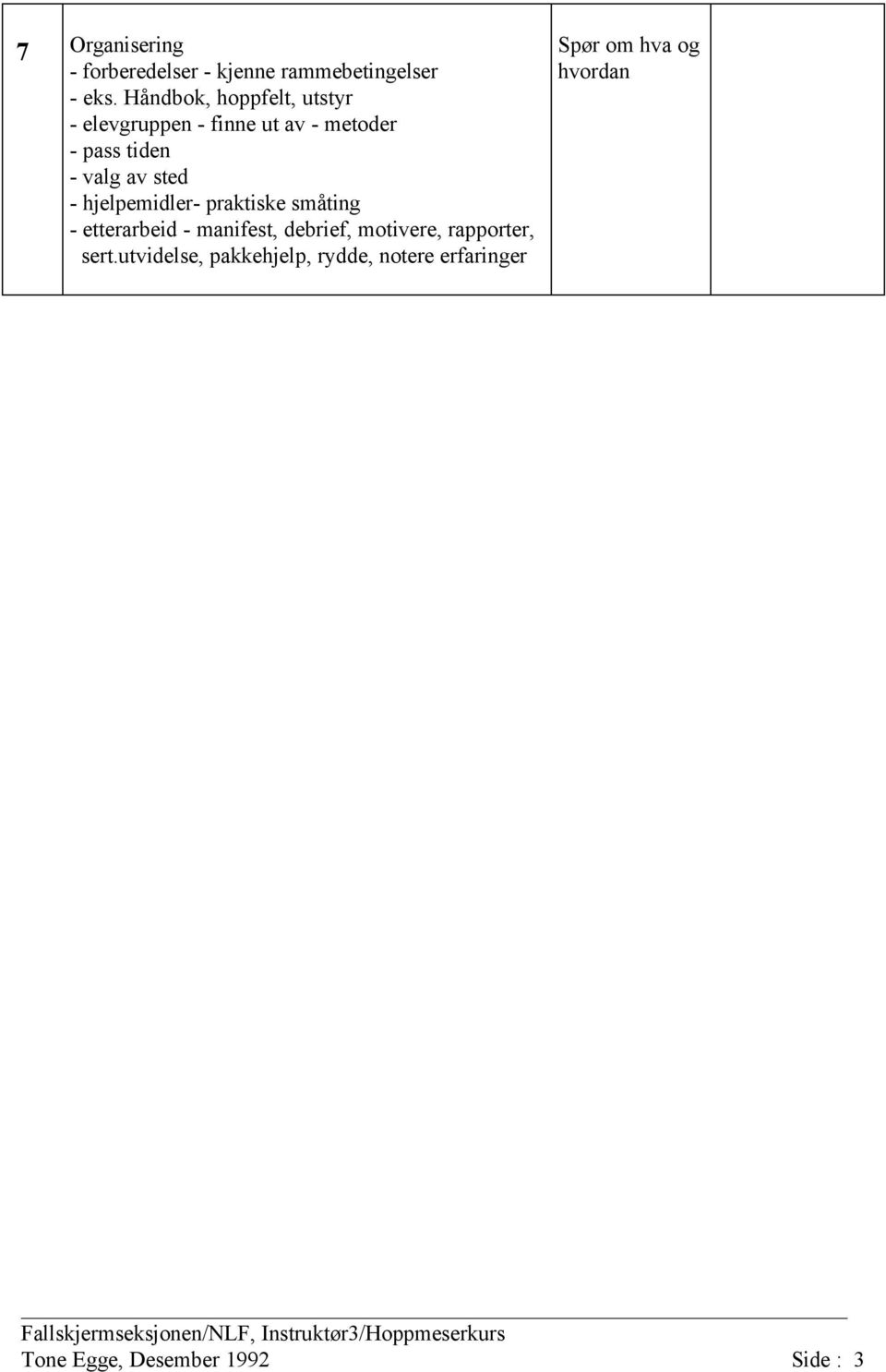 sted - hjelpemidler- praktiske småting - etterarbeid - manifest, debrief, motivere,