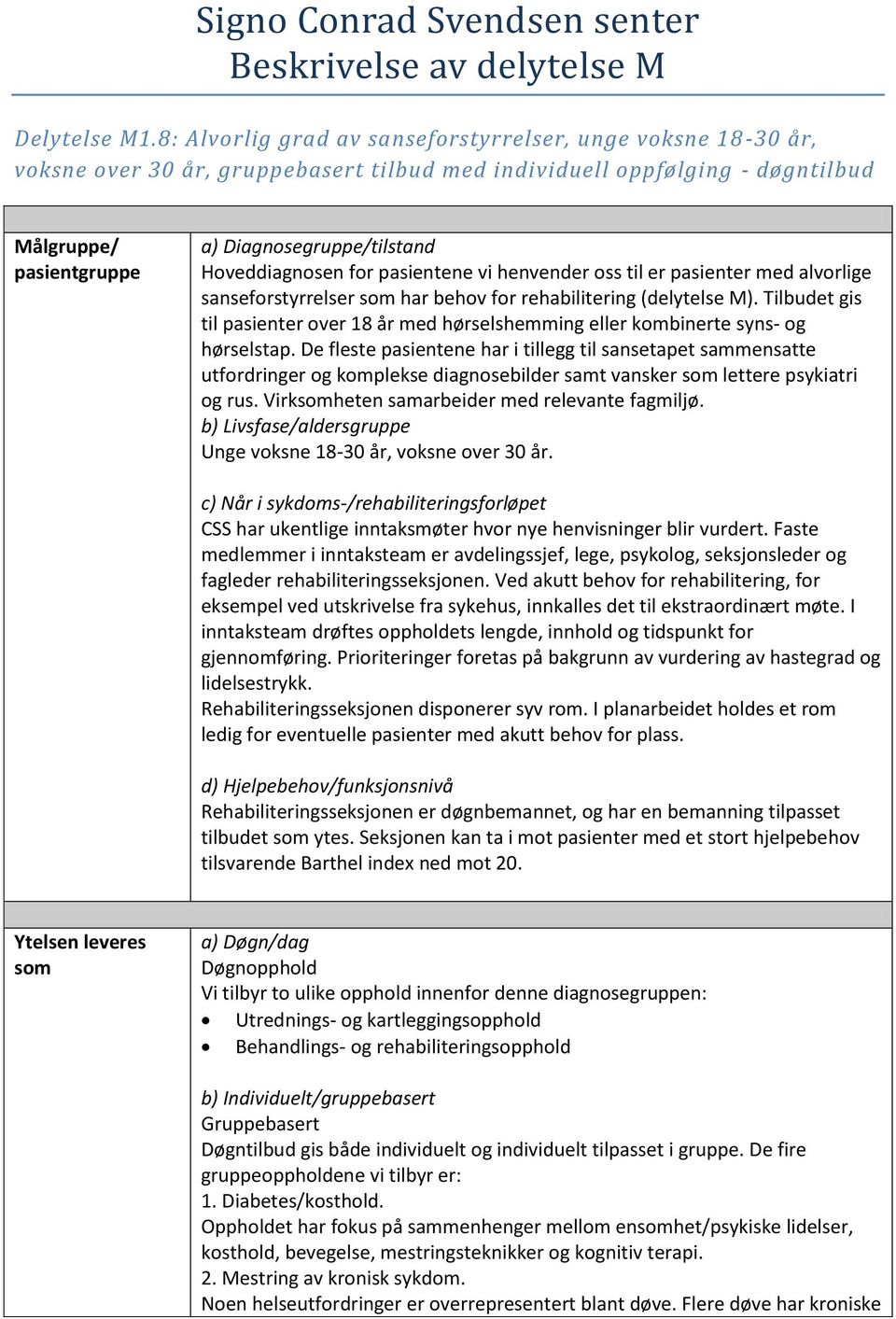 Hoveddiagnosen for pasientene vi henvender oss til er pasienter med alvorlige sanseforstyrrelser som har behov for rehabilitering (delytelse M).