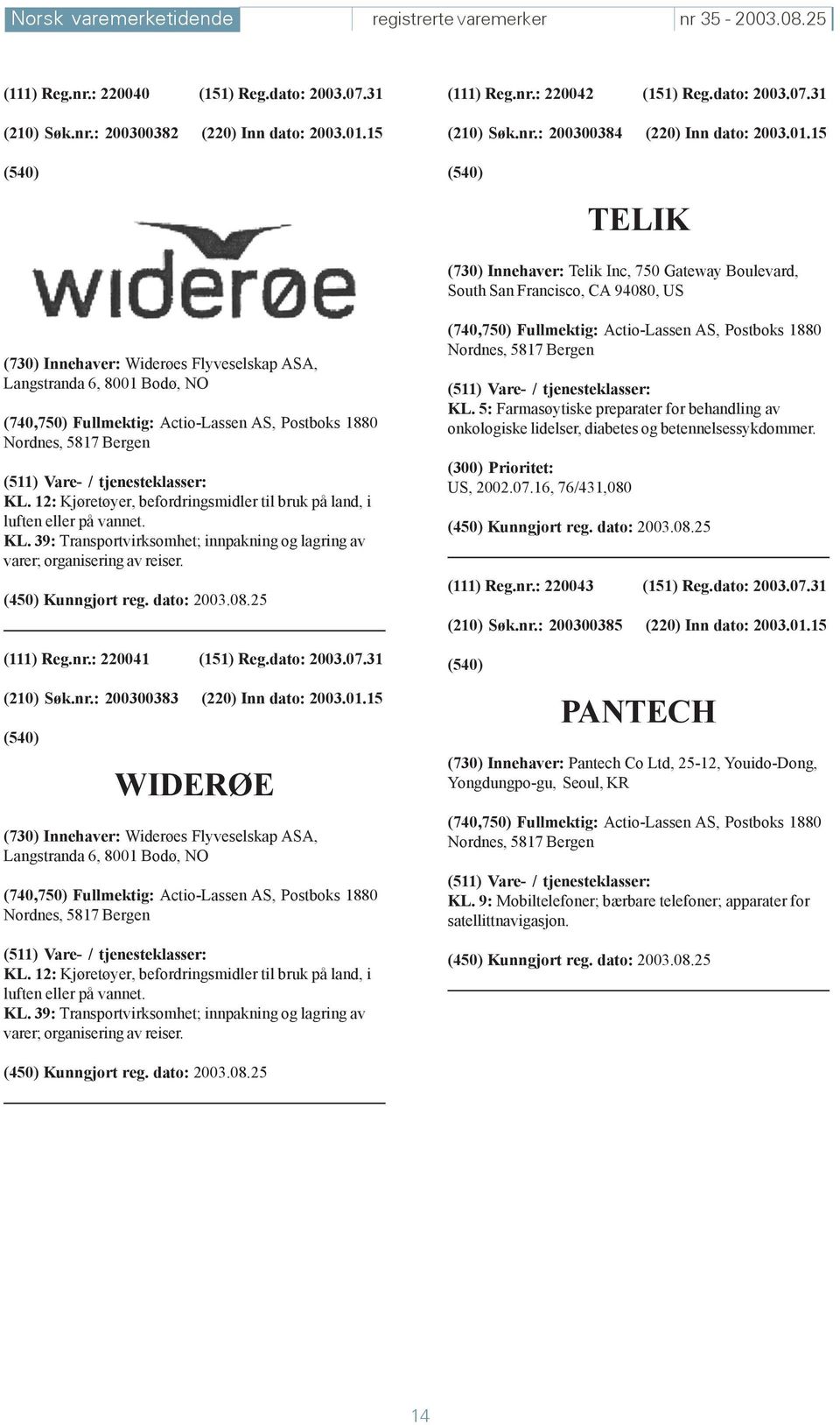 15 TELIK (730) Innehaver: Telik Inc, 750 Gateway Boulevard, South San Francisco, CA 94080, US (730) Innehaver: Widerøes Flyveselskap ASA, Langstranda 6, 8001 Bodø, NO (740,750) Fullmektig: