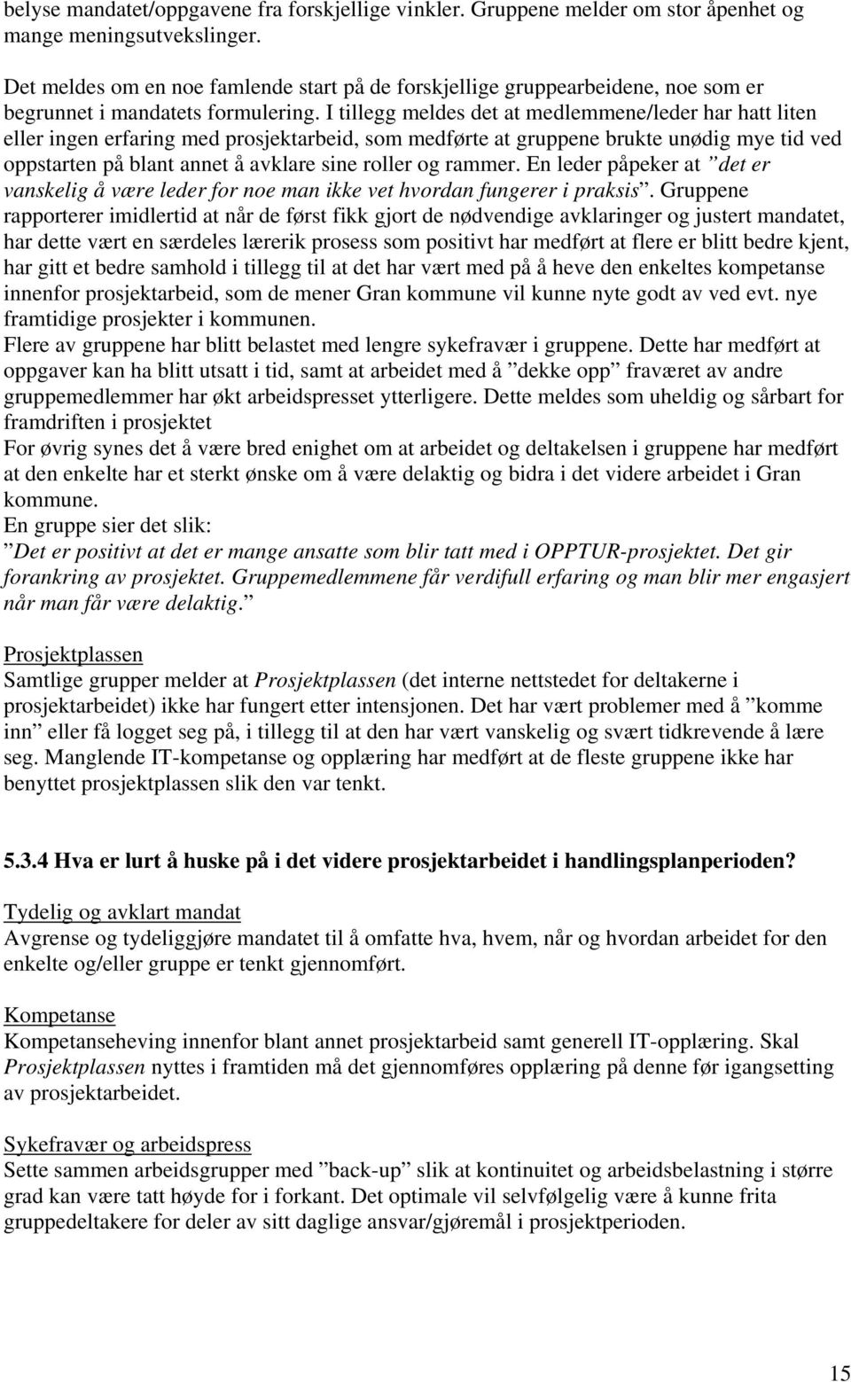 I tillegg meldes det at medlemmene/leder har hatt liten eller ingen erfaring med prosjektarbeid, som medførte at gruppene brukte unødig mye tid ved oppstarten på blant annet å avklare sine roller og