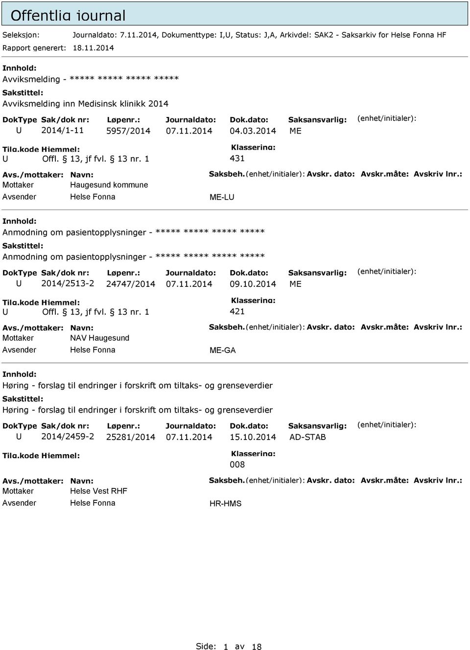 : Mottaker Haugesund kommune ME-L Anmodning om pasientopplysninger - Anmodning om pasientopplysninger - 2014/2513-2 24747/2014 09.10.2014 ME 421 Avs./mottaker: Navn: Saksbeh. Avskr. dato: Avskr.