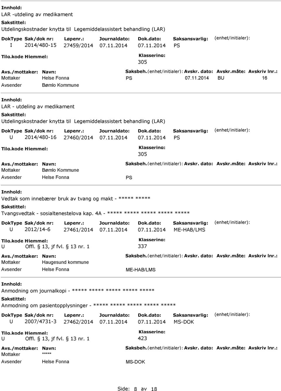 dato: Avskr.måte: Avskriv lnr.: Mottaker Bømlo Kommune S Vedtak som innebærer bruk av tvang og makt - Tvangsvedtak - sosialtenestelova kap. 4A - 2012/14-6 27461/2014 ME-HAB/LMS 337 Avs.