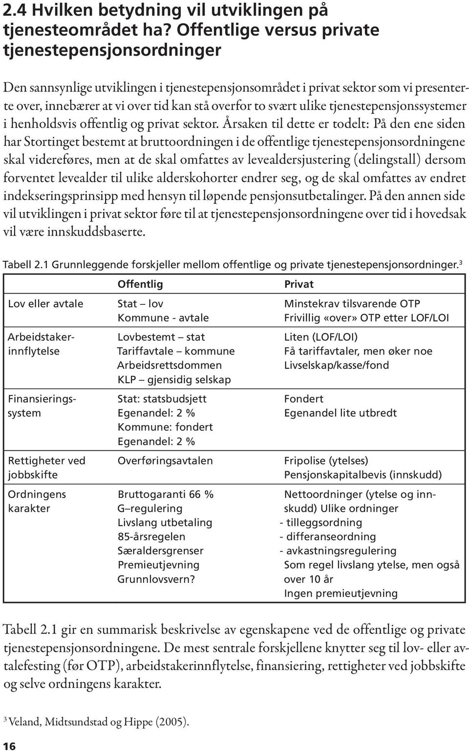 ulike tjenestepensjonssystemer i henholdsvis offentlig og privat sektor.