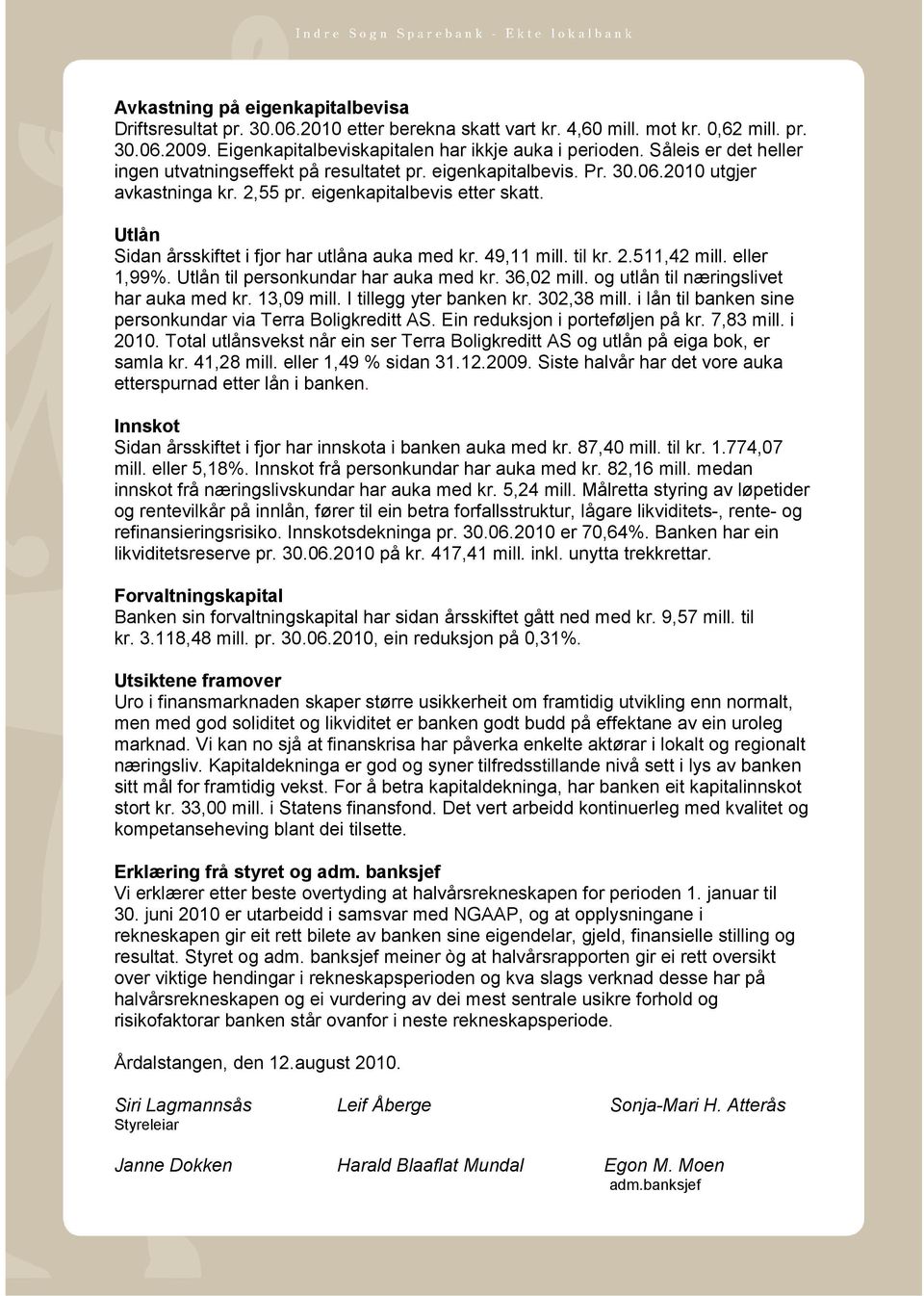 Utlån Sidan årsskiftet i fjor har utlåna auka med kr. 49,11 mill. til kr. 2.511,42 mill. eller 1,99%. Utlån til personkundar har auka med kr. 36,02 mill. og utlån til næringslivet har auka med kr.