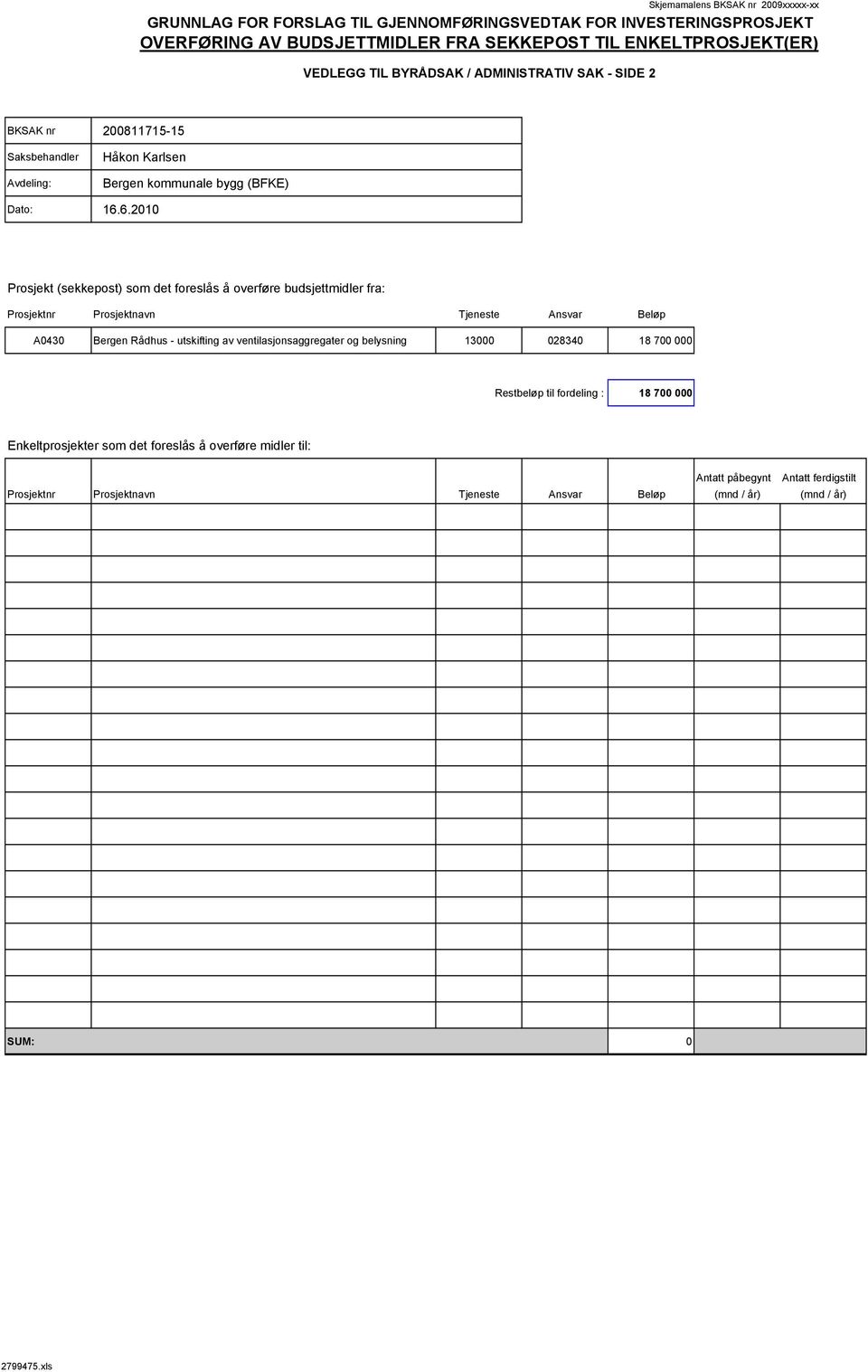 6.2010 Prosjekt (sekkepost) som det foreslås å overføre budsjettmidler fra: Prosjektnr Prosjektnavn Tjeneste Ansvar Beløp A0430 Bergen Rådhus - utskifting av ventilasjonsaggregater og