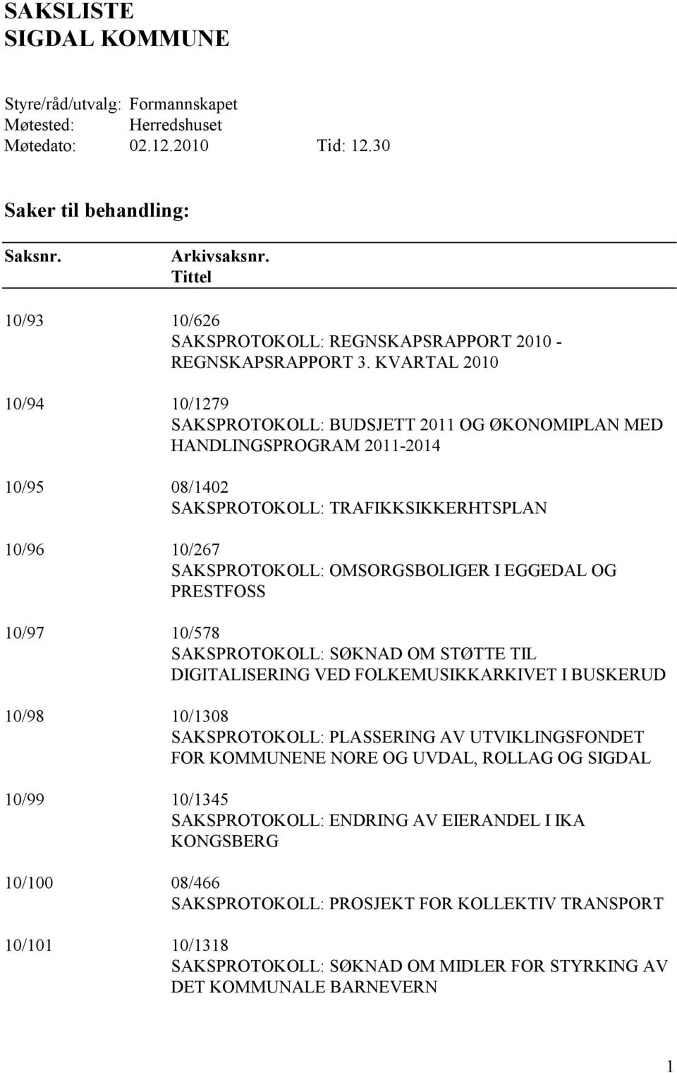 KVARTAL 2010 10/94 10/1279 SAKSPROTOKOLL: BUDSJETT 2011 OG ØKONOMIPLAN MED HANDLINGSPROGRAM 2011-2014 10/95 08/1402 SAKSPROTOKOLL: TRAFIKKSIKKERHTSPLAN 10/96 10/267 SAKSPROTOKOLL: OMSORGSBOLIGER I