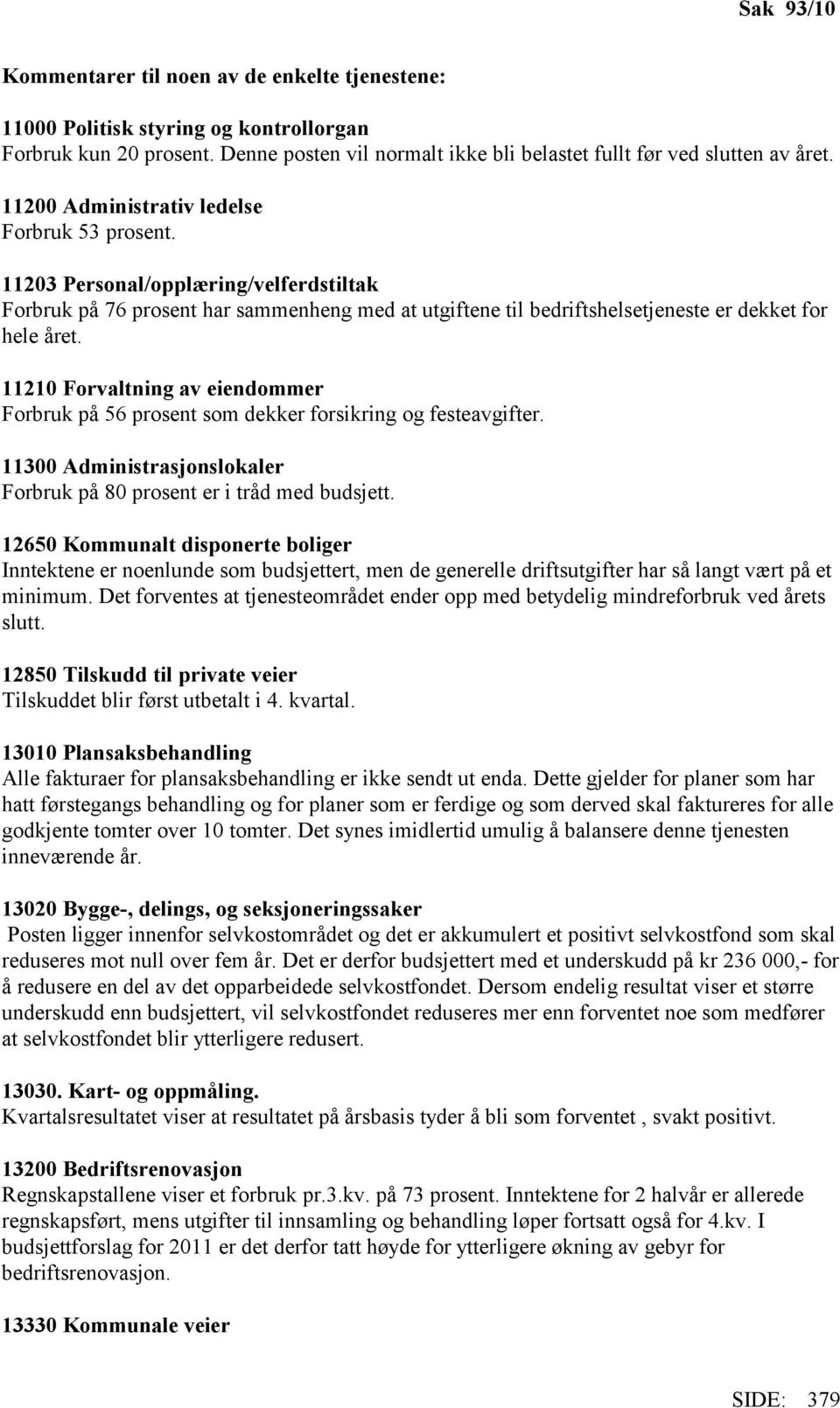 11210 Forvaltning av eiendommer Forbruk på 56 prosent som dekker forsikring og festeavgifter. 11300 Administrasjonslokaler Forbruk på 80 prosent er i tråd med budsjett.