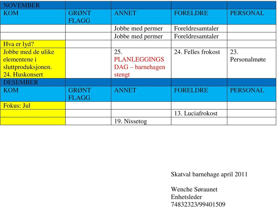 PLANLEGGINGS DAG barnehagen stengt Foreldresamtaler Foreldresamtaler 24.