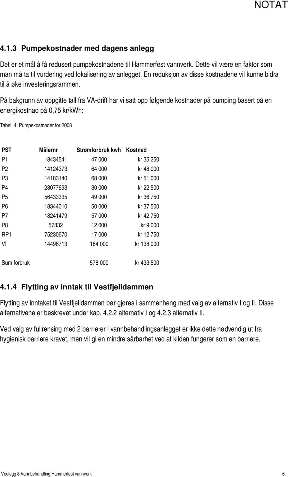 På bakgrunn av oppgitte tall fra VA-drift har vi satt opp følgende kostnader på pumping basert på en energikostnad på 0,75 kr/kwh: Tabell 4: Pumpekostnader for 2008 PST Målernr Strømforbruk kwh