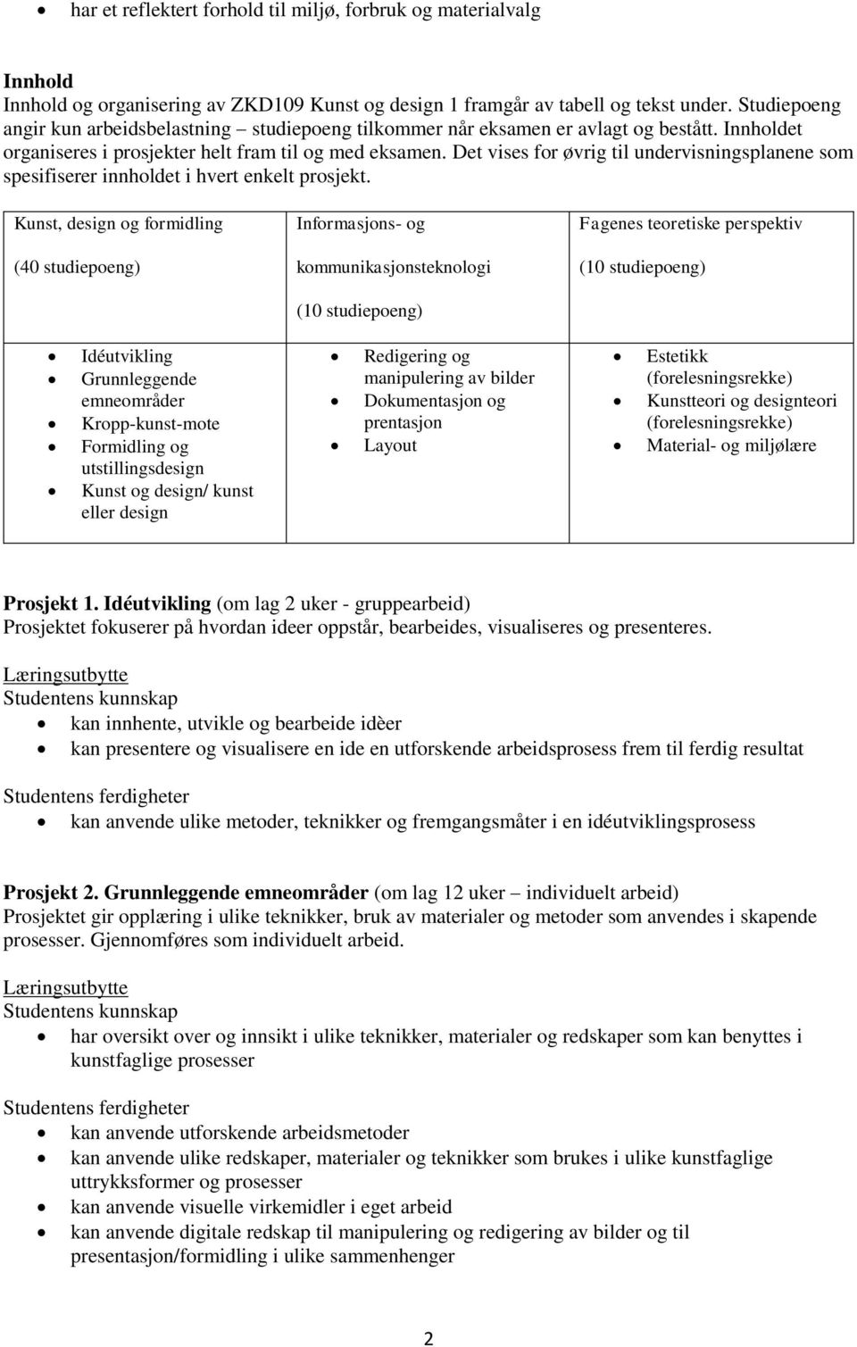 Det vises for øvrig til undervisningsplanene som spesifiserer innholdet i hvert enkelt prosjekt.