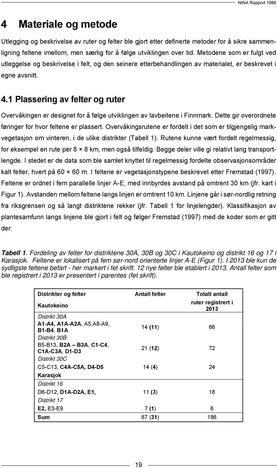 1 Plassering av felter og ruter Overvåkingen er designet for å følge utviklingen av lavbeitene i Finnmark. Dette gir overordnete føringer for hvor feltene er plassert.