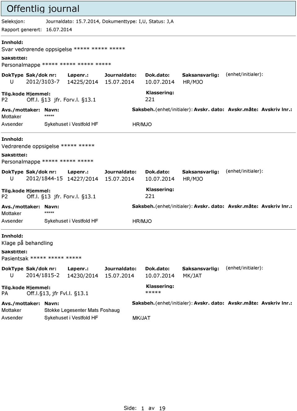 nnhold: Vedrørende oppsigelse Personalmappe 2012/1844-15 14227/2014 Mottaker Avsender Sykehuset i Vestfold HF nnhold: