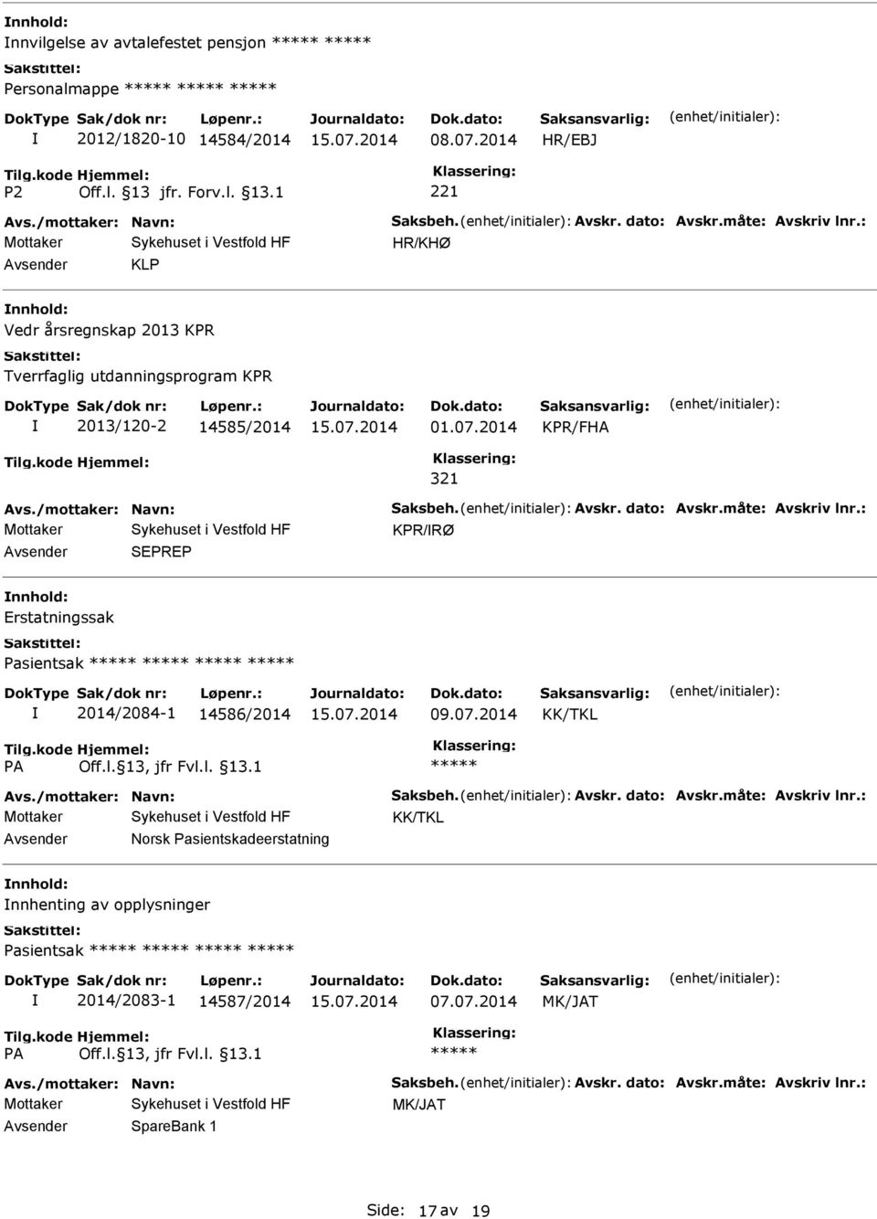 2014 KPR/FHA 321 KPR/RØ Avsender SEPREP nnhold: Erstatningssak Pasientsak 2014/2084-1 14586/2014 09.07.