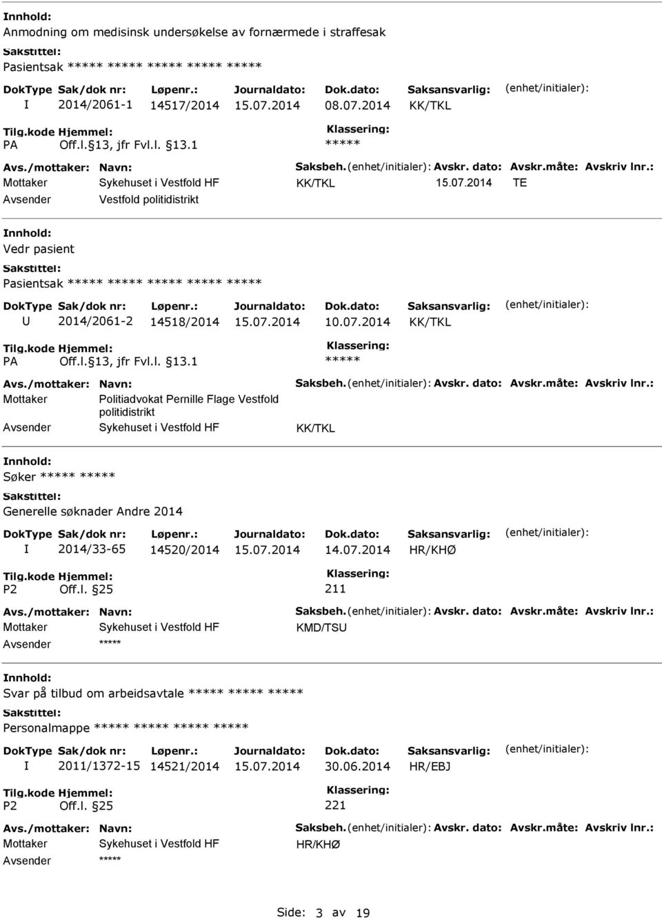 politidistrikt Avsender Sykehuset i Vestfold HF nnhold: Søker Generelle søknader Andre 2014 2014/33-65 14520/2014 14.07.