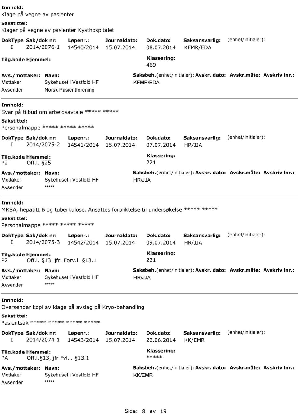 -2 14541/2014 07.07.2014 Avsender nnhold: MRSA, hepatitt B og tuberkulose.