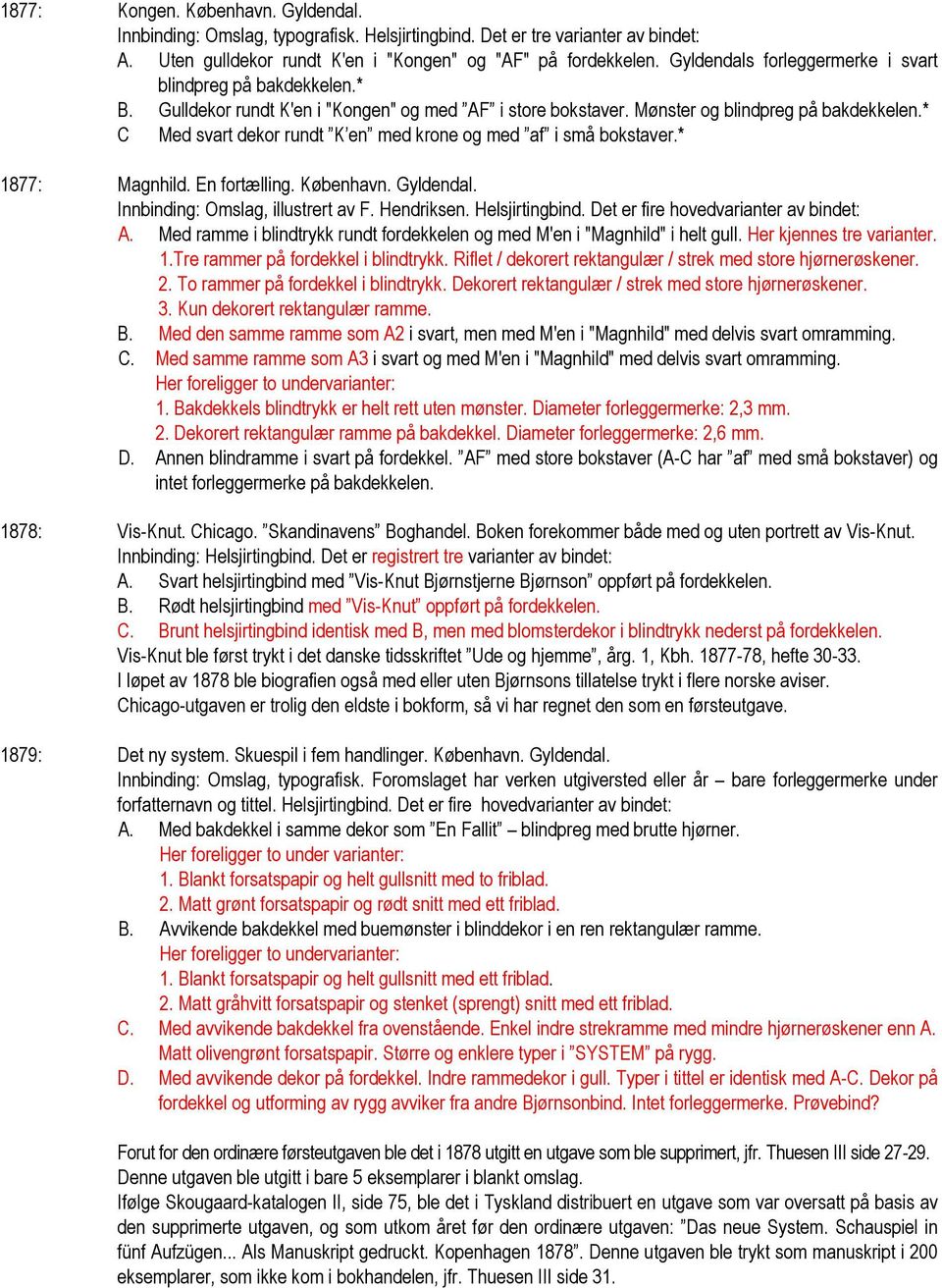 København. Gyldendal. Innbinding: Omslag, illustrert av F. Hendriksen. Helsjirtingbind. Det er fire hovedvarianter av bindet: A.