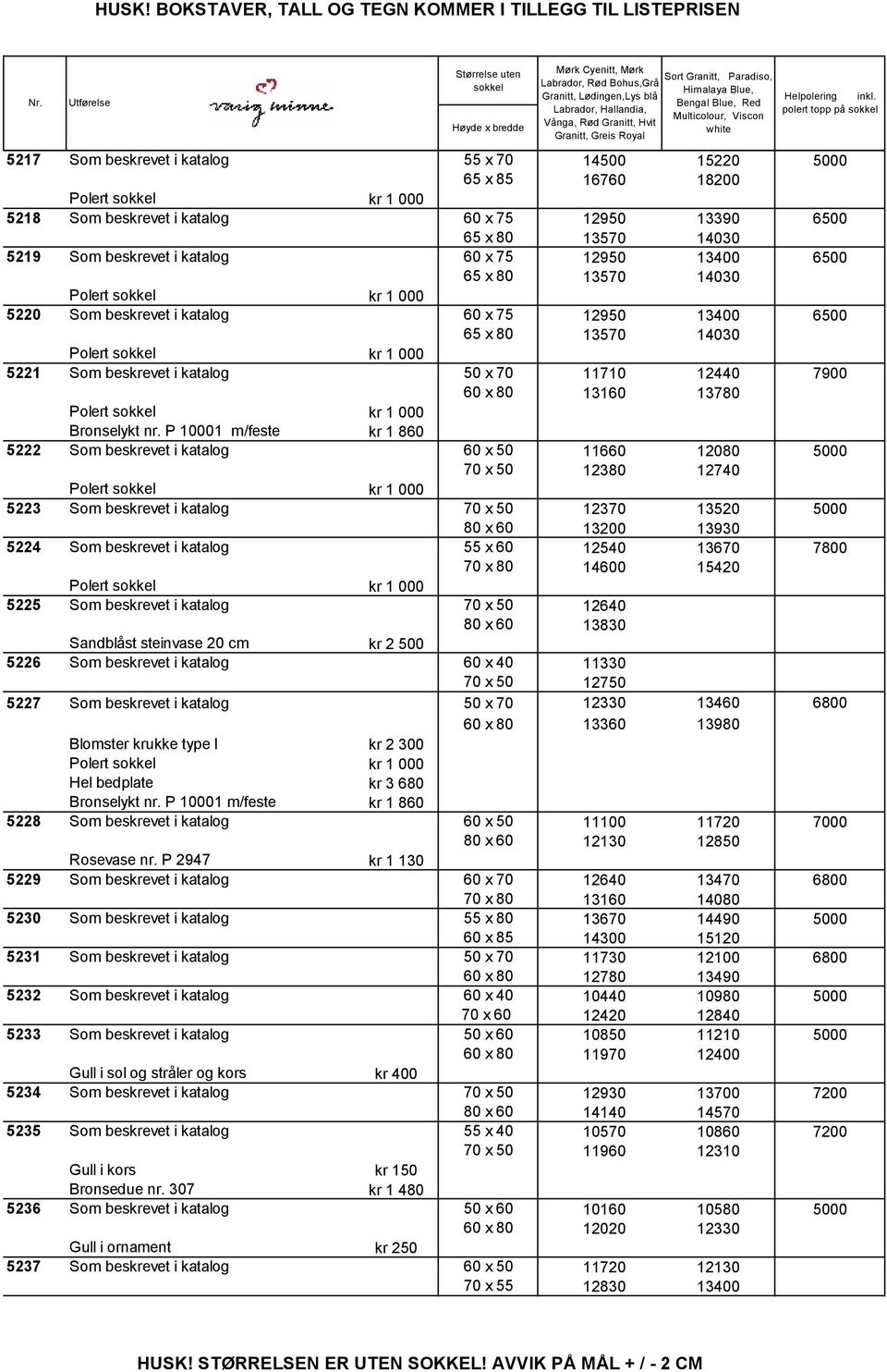 P10001 m/feste kr 1860 5222 Som beskrevet ikatalog 60 x50 11660 12080 5000 70 x50 12380 12740 5223 Som beskrevet ikatalog 70 x50 12370 13520 5000 80 x60 13200 13930 5224 Som beskrevet ikatalog 55 x60