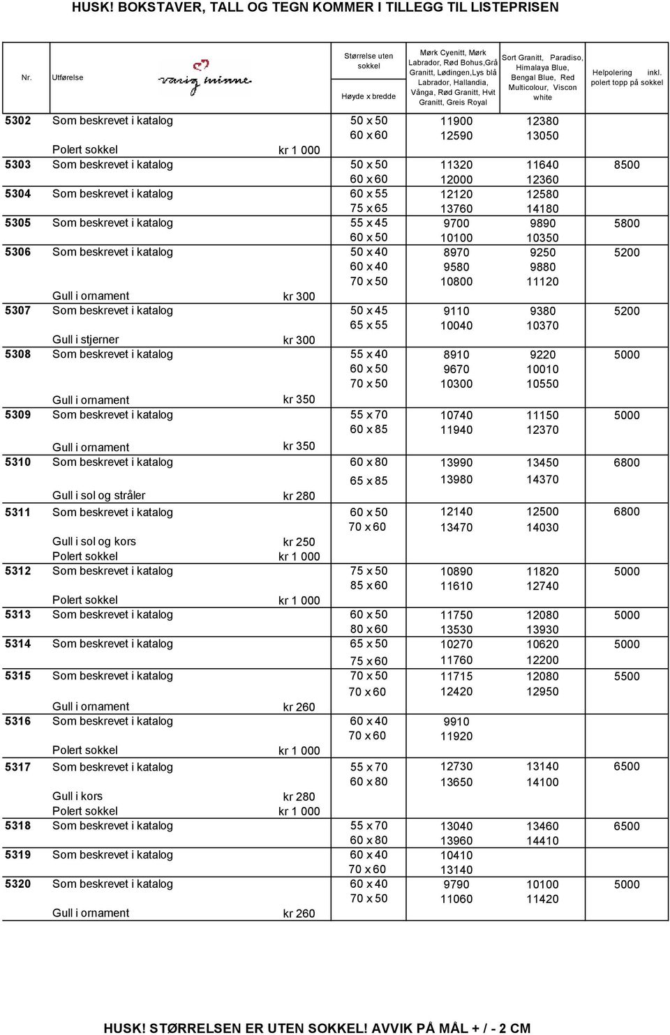 beskrevet ikatalog 50 x45 9110 9380 5200 65 x55 10040 10370 Gullistjerner kr 300 5308 Som beskrevet ikatalog 55 x40 8910 9220 5000 60 x50 9670 10010 70 x50 10300 10550 Gulliornament kr 350 5309 Som