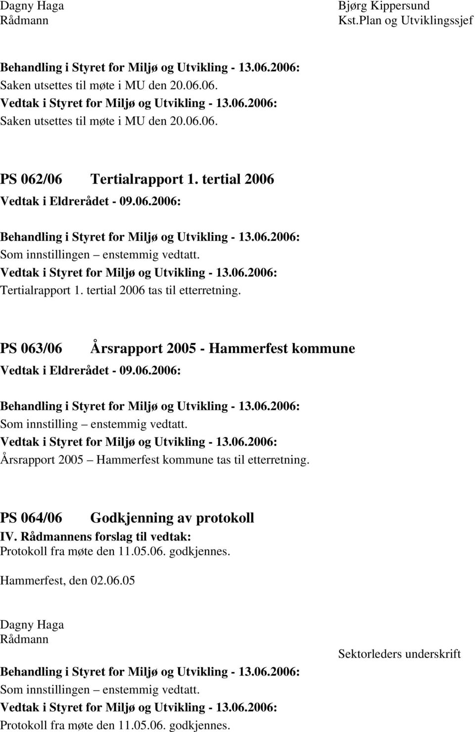 PS 063/06 Årsrapport 2005 - Hammerfest kommune Vedtak i Eldrerådet - 09.06.2006: Som innstilling enstemmig vedtatt.