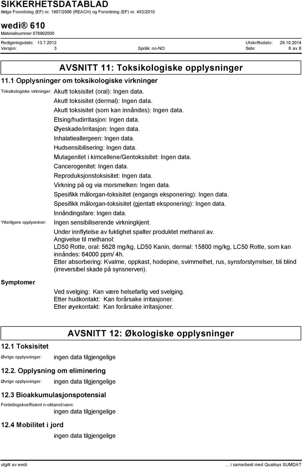 Inhalatieallergeen: Ingen data. Hudsensibilisering: Ingen data. Mutagenitet i kimcellene/gentoksisitet: Ingen data. Cancerogenitet: Ingen data. Reproduksjonstoksisitet: Ingen data.