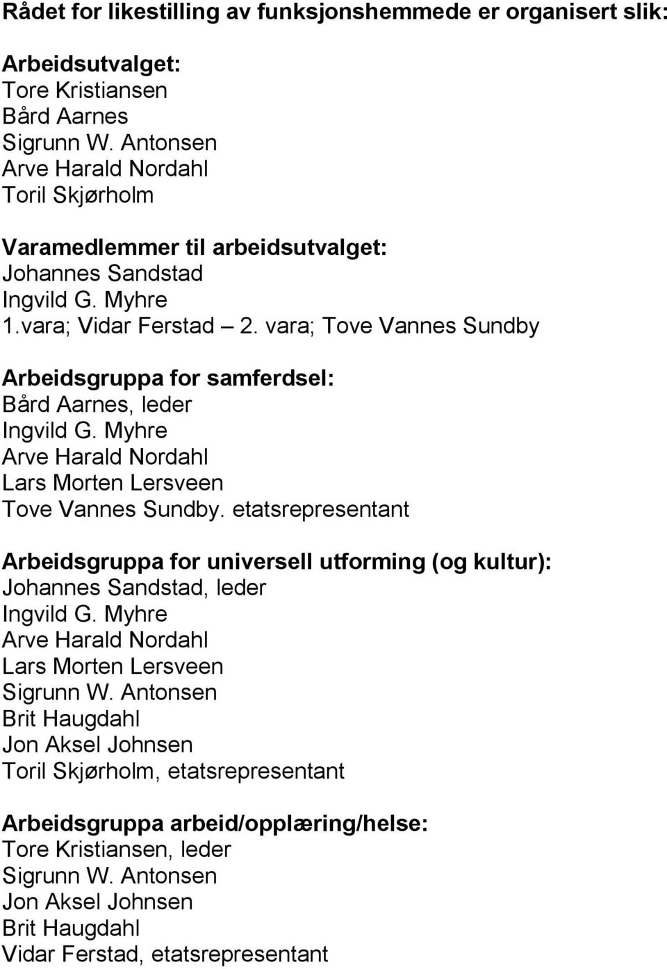 vara; Tove Vannes Sundby Arbeidsgruppa for samferdsel: Bård Aarnes, leder Ingvild G. Myhre Arve Harald Nordahl Lars Morten Lersveen Tove Vannes Sundby.