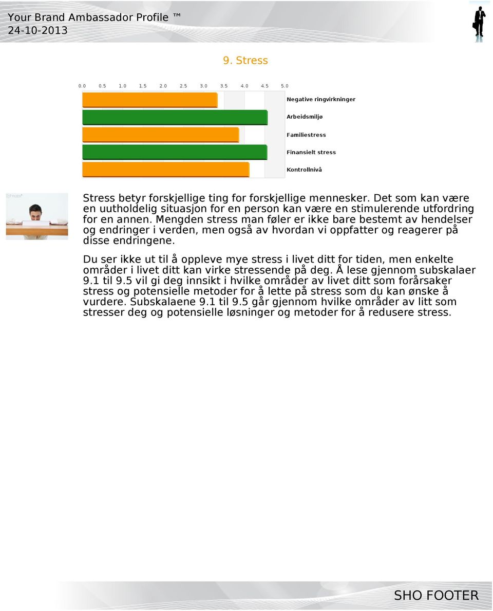 Du ser ikke ut til å oppleve mye stress i livet ditt for tiden, men enkelte områder i livet ditt kan virke stressende på deg. Å lese gjennom subskalaer 9.1 til 9.