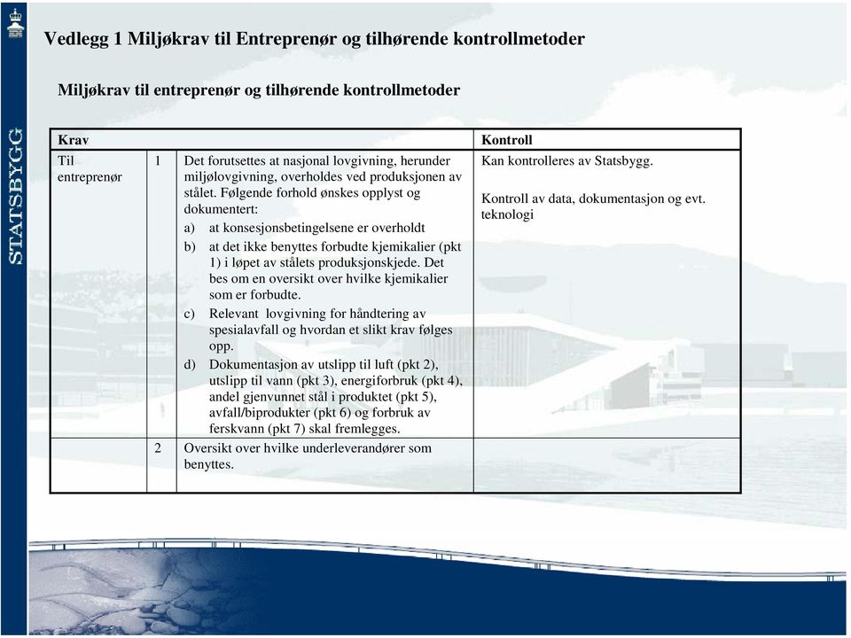 Følgende forhold ønskes opplyst og dokumentert: a) at konsesjonsbetingelsene er overholdt b) at det ikke benyttes forbudte kjemikalier (pkt 1) i løpet av stålets produksjonskjede.