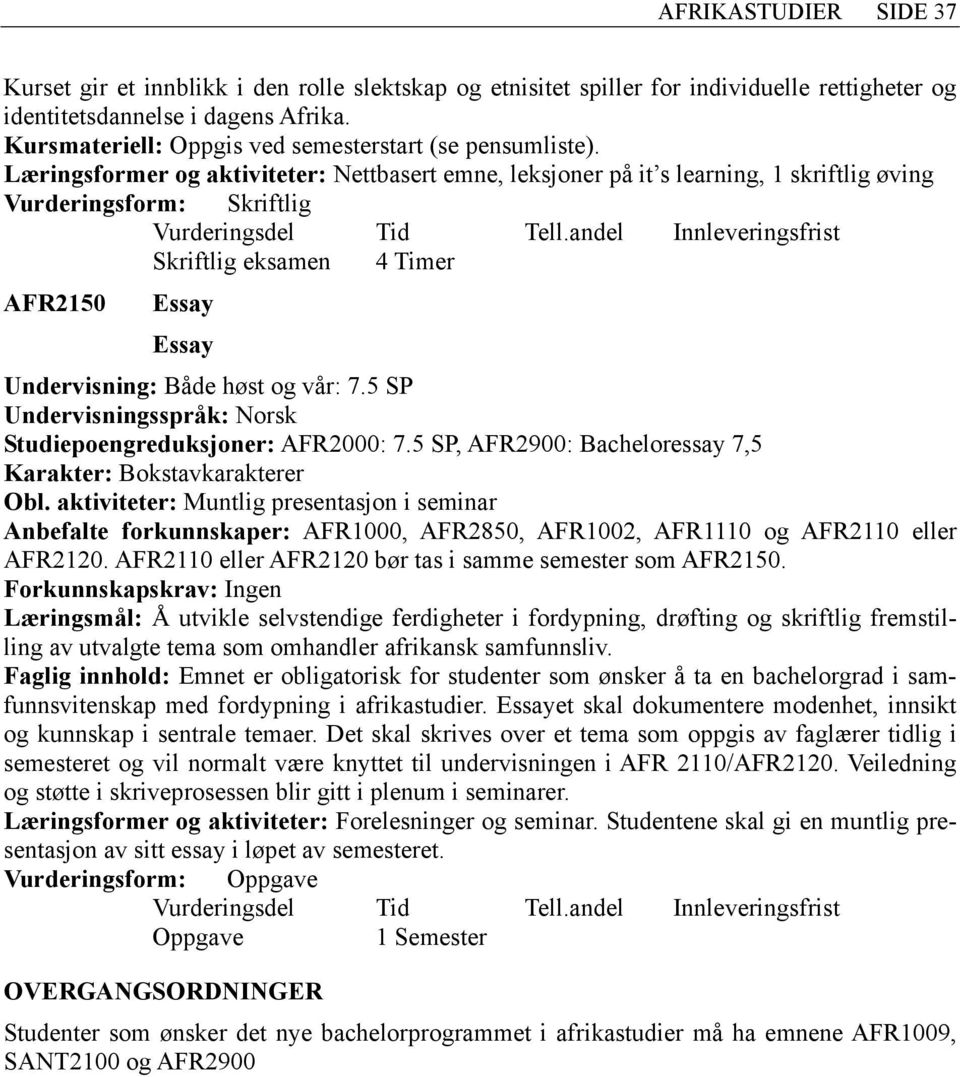 5 SP, AFR2900: Bacheloressay 7,5 Obl. aktiviteter: Muntlig presentasjon i seminar Anbefalte forkunnskaper: AFR1000, AFR2850, AFR1002, AFR1110 og AFR2110 eller AFR2120.