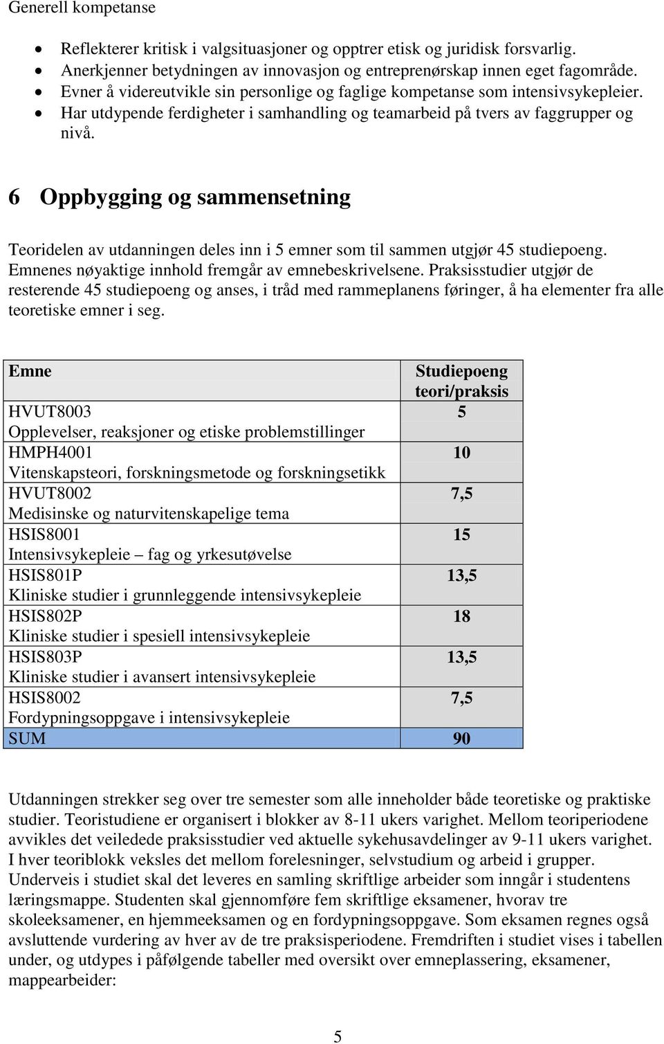 Oppbygging og sammensetning Teoridelen av utdanningen deles inn i emner som til sammen utgjør studiepoeng. Emnenes nøyaktige innhold fremgår av emnebeskrivelsene.